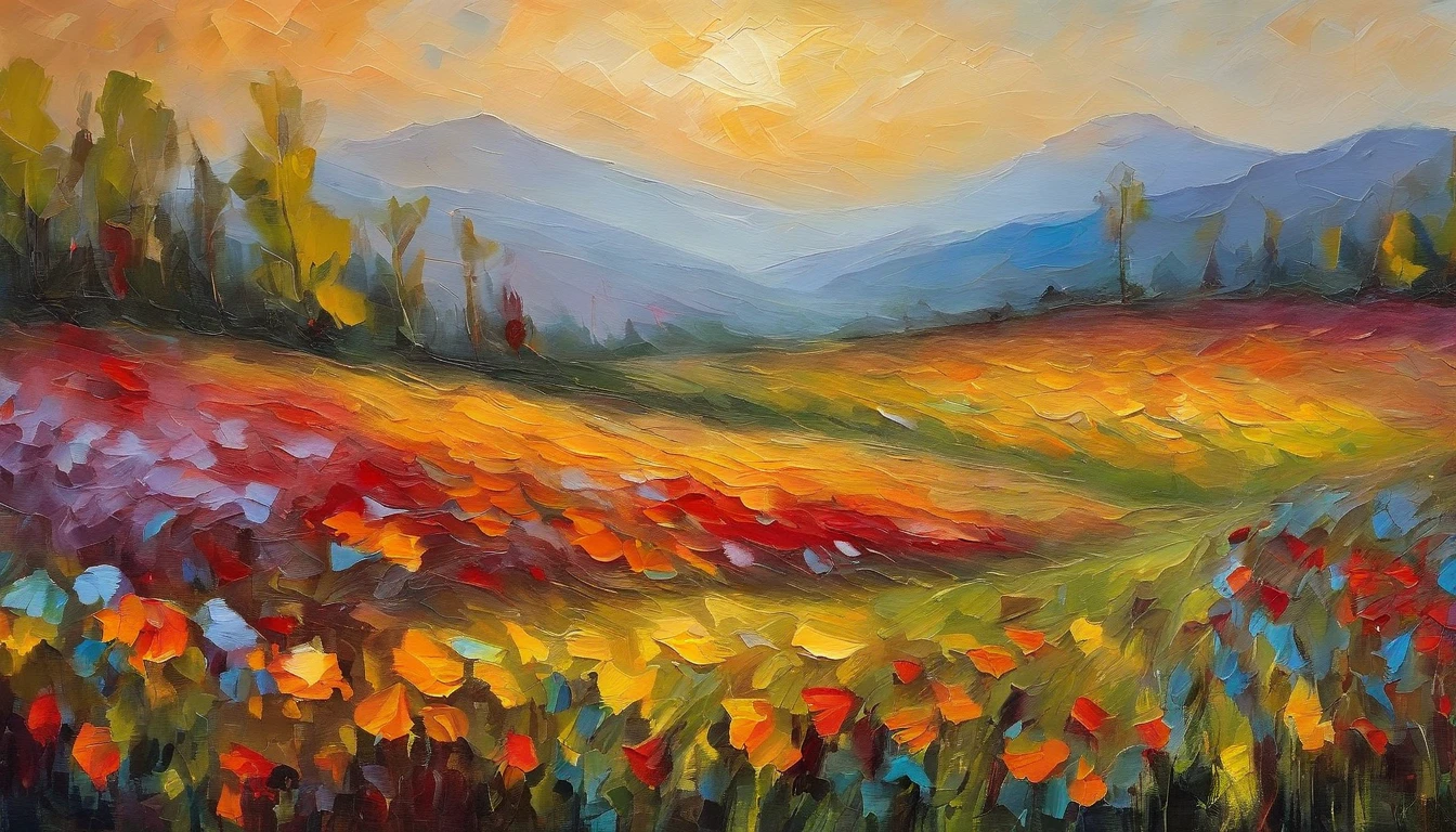 ​masterpiece、top-quality、Sateen、flower  field、Distant Forest、Mountains in the distance、a closeup、murky、landscapes、great outdoors