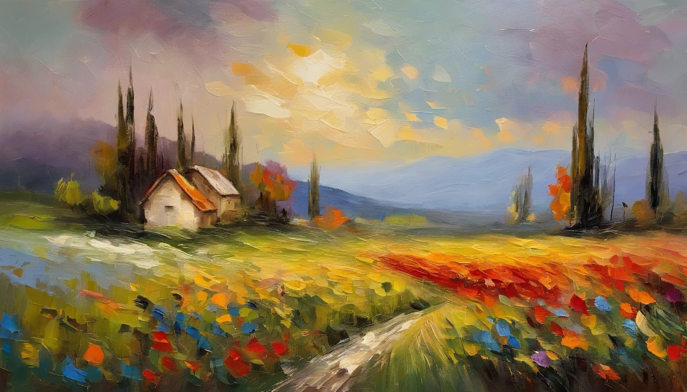 masterpiece、top-quality、Sateen、flower field、Distant Forest、Mountains in the distance、a closeup、murky、landscapes、great outdoors