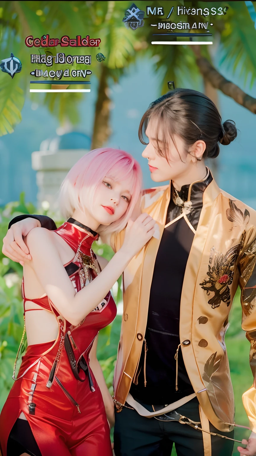 1 girl with red outfit and 1 guy with hold color outfit