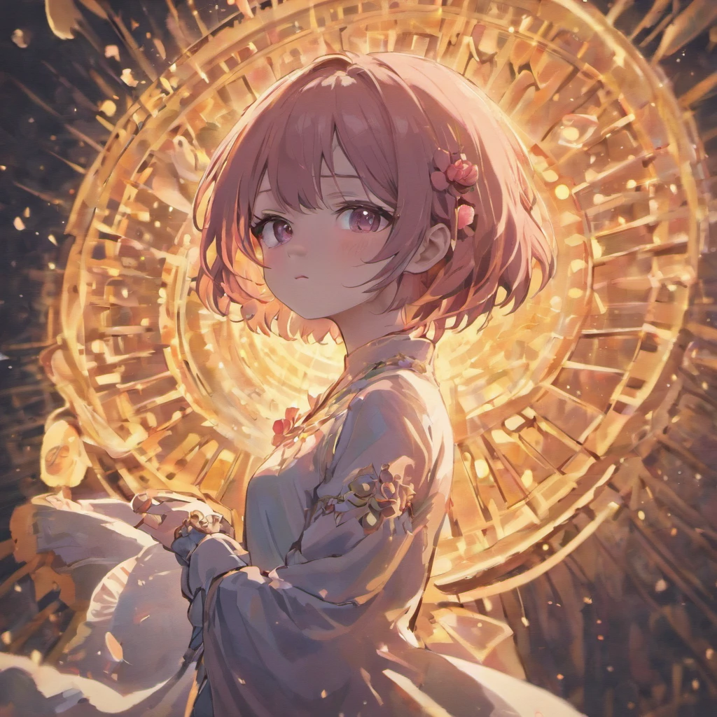 (Girl with Rose Shorthair)Detailed, High-quality images,Dynamic Pose,Focus on facial features,White roses on background,glowing sun,black colored hair,stares at the camera