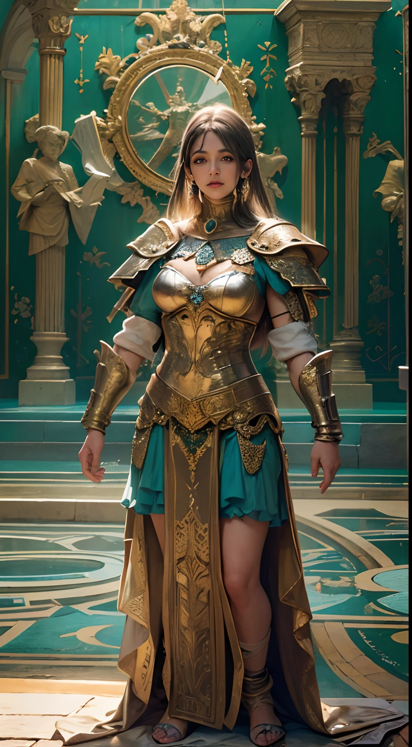 Deusa Atena em armadura sagrada dourada, Hold a shield in your left hand, Stay inside the Palace of the Goddess.,(best quality,4k,8k,A high resolution,master part:1.2),, papel de parede,ultra-detalhado,(Realistic,fotorrealista,photo-realistic:1.37),HDR,hiper HD,studio lighting,foco nítido,Physically-based rendering,extreme detail description,profissional,vivid colors,Bokeh,Retrato,Paleta de cores azul claro e dourado,Charming, ethereal lighting