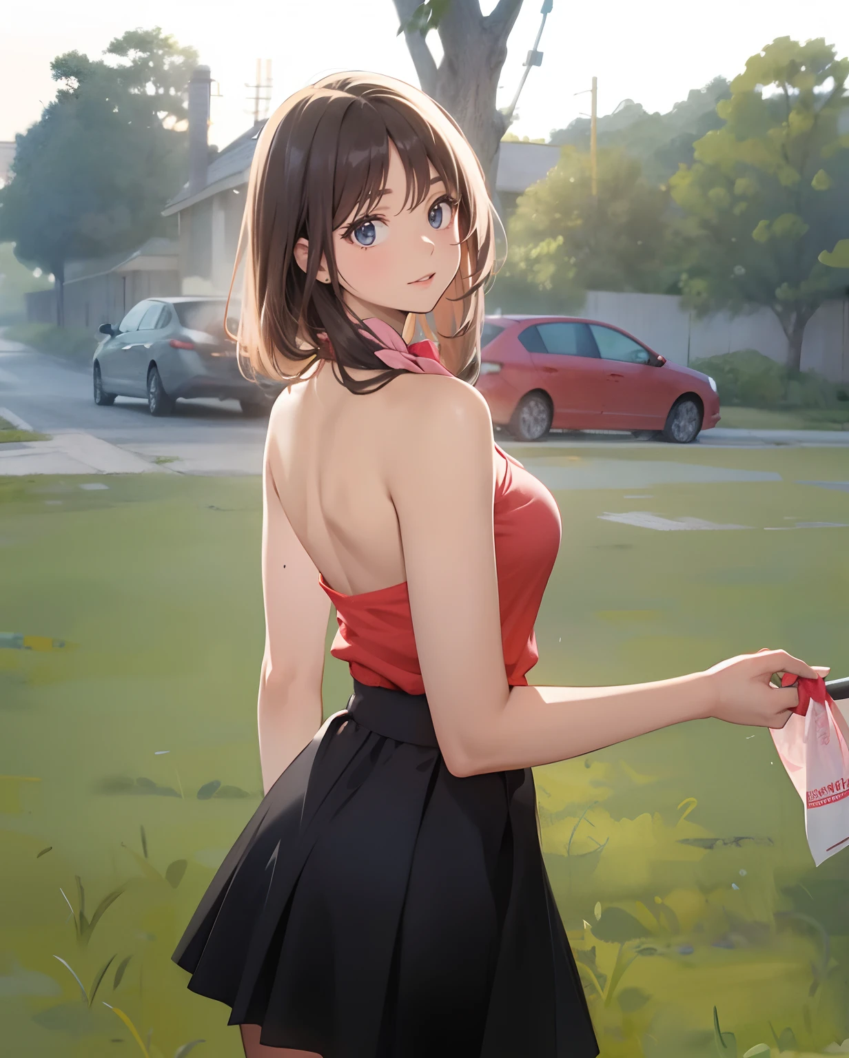 There is a woman wearing a red shirt and a black skirt,Holding a pink handkerchief in his hand