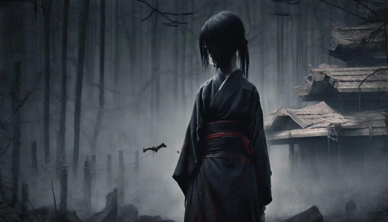 15-year-old daughter of Japan with black black hair and black black eyes in kimono、blood everywhere