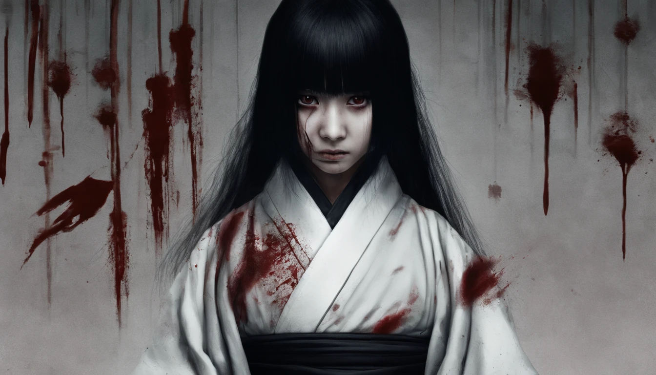 15-year-old daughter of Japan with black black hair and black black eyes in kimono、blood everywhere