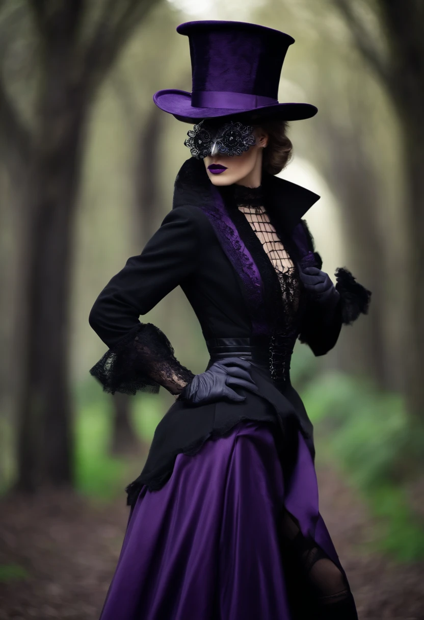 plague doctor with purple goggles, the long coat like dress has leg cuts, revealed legs with lace straps and fishnets, wearing black stilettos, male high quality image 20 year old