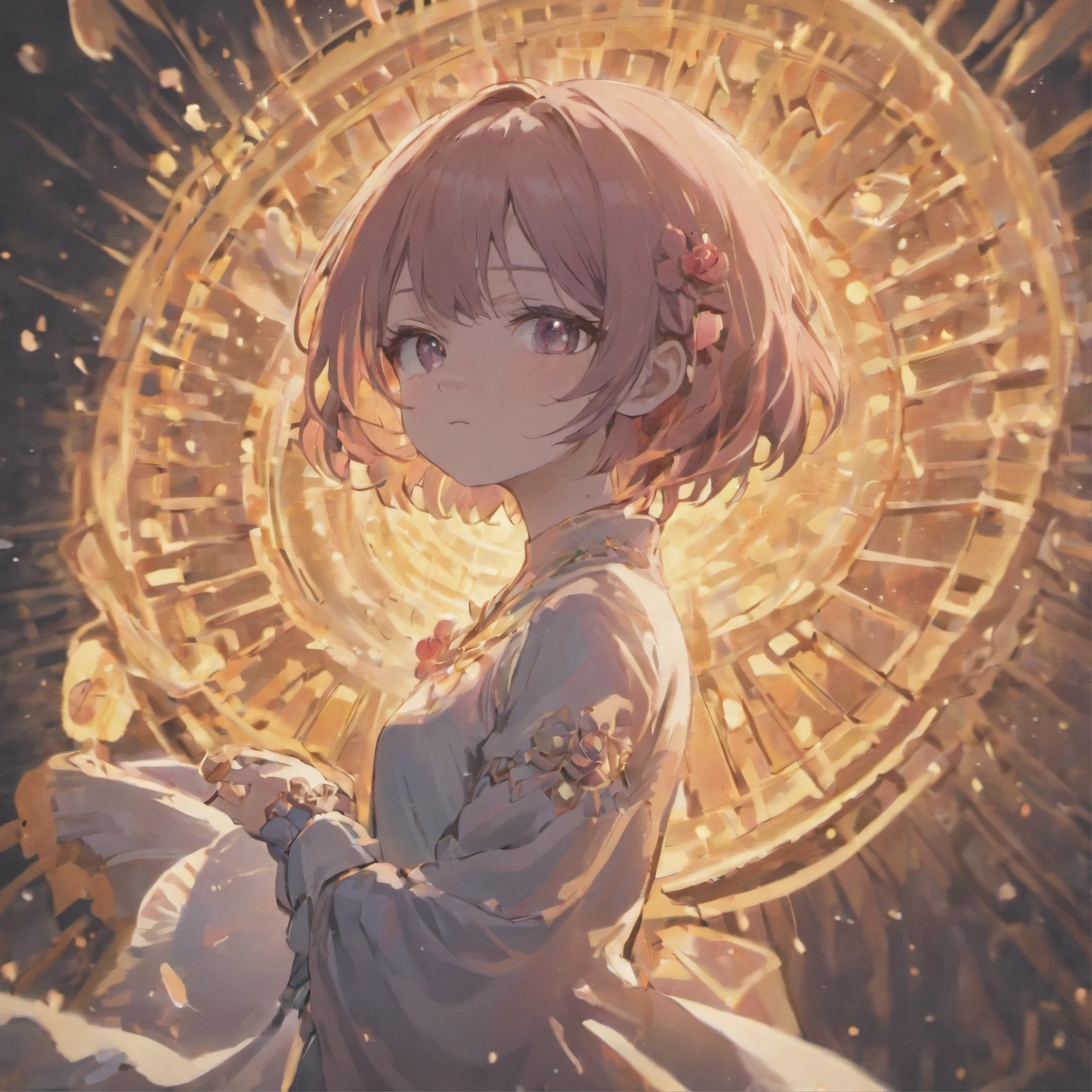 (Girl with Rose Shorthair)Detailed, High-quality images，Dynamic Pose，Focus on facial features，White roses on background，glowing sun，black colored hair，stares at the camera