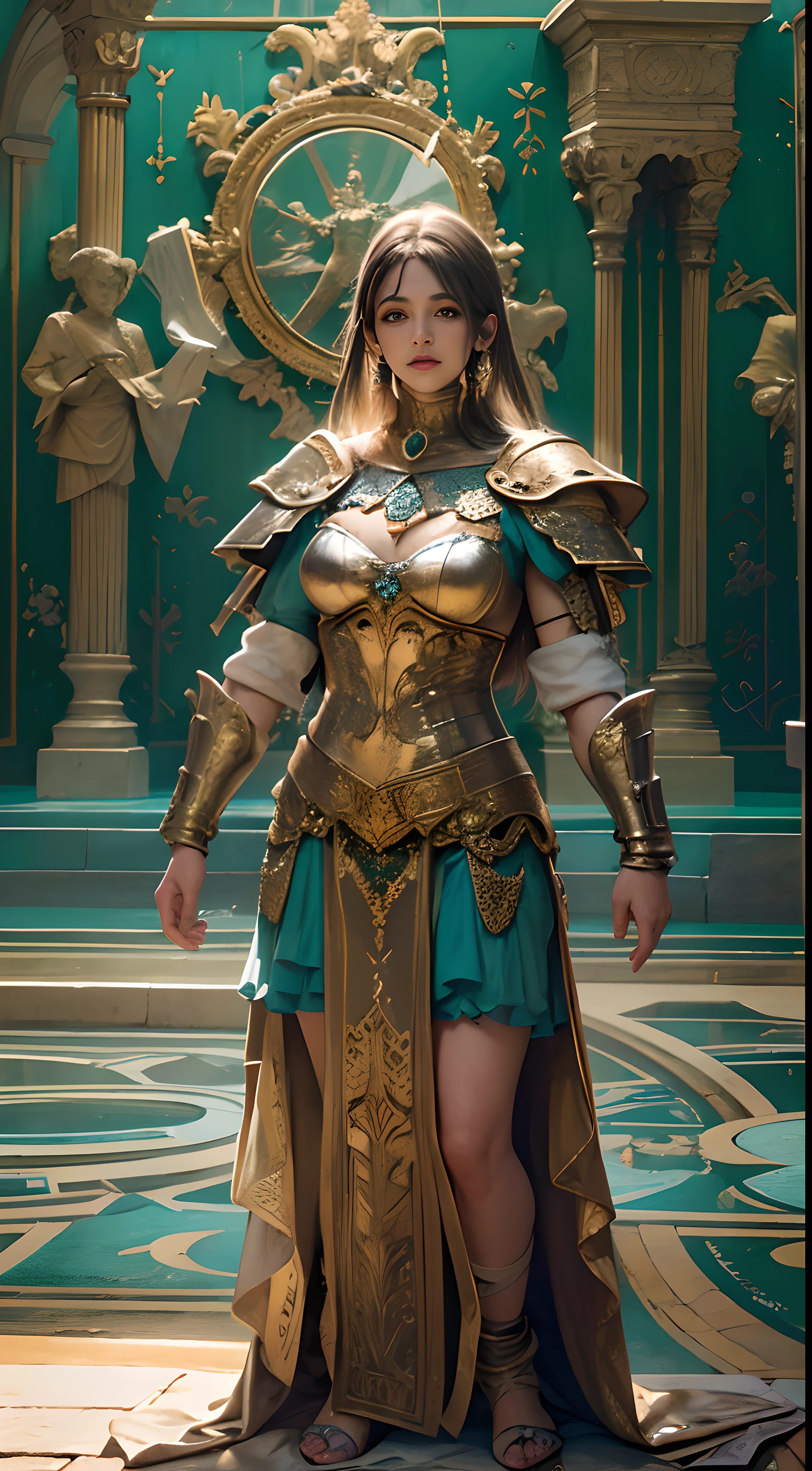 Deusa Atena em armadura sagrada dourada, Hold a shield in your left hand, Stay inside the Palace of the Goddess.,(best quality,4k,8k,A high resolution,master part:1.2),, papel de parede,ultra-detalhado,(Realistic,fotorrealista,photo-realistic:1.37),HDR,hiper HD,studio lighting,foco nítido,Physically-based rendering,extreme detail description,profissional,vivid colors,Bokeh,Retrato,Paleta de cores azul claro e dourado,Charming, ethereal lighting