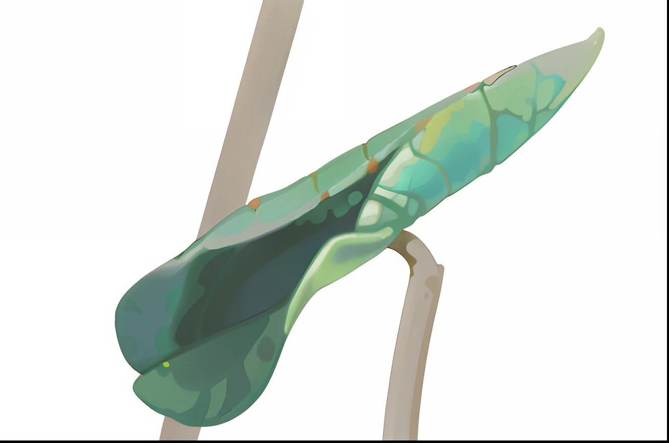 A stick with a white background has a green leaf on it, Close-up view, close - up view, the sideview, top - side view, drawn image, protophyta, Close view, digital painted, above side view, close up photograph, large leaves and stems, chrysalis, Mantis characteristics, the sideview, random detail, side - view
