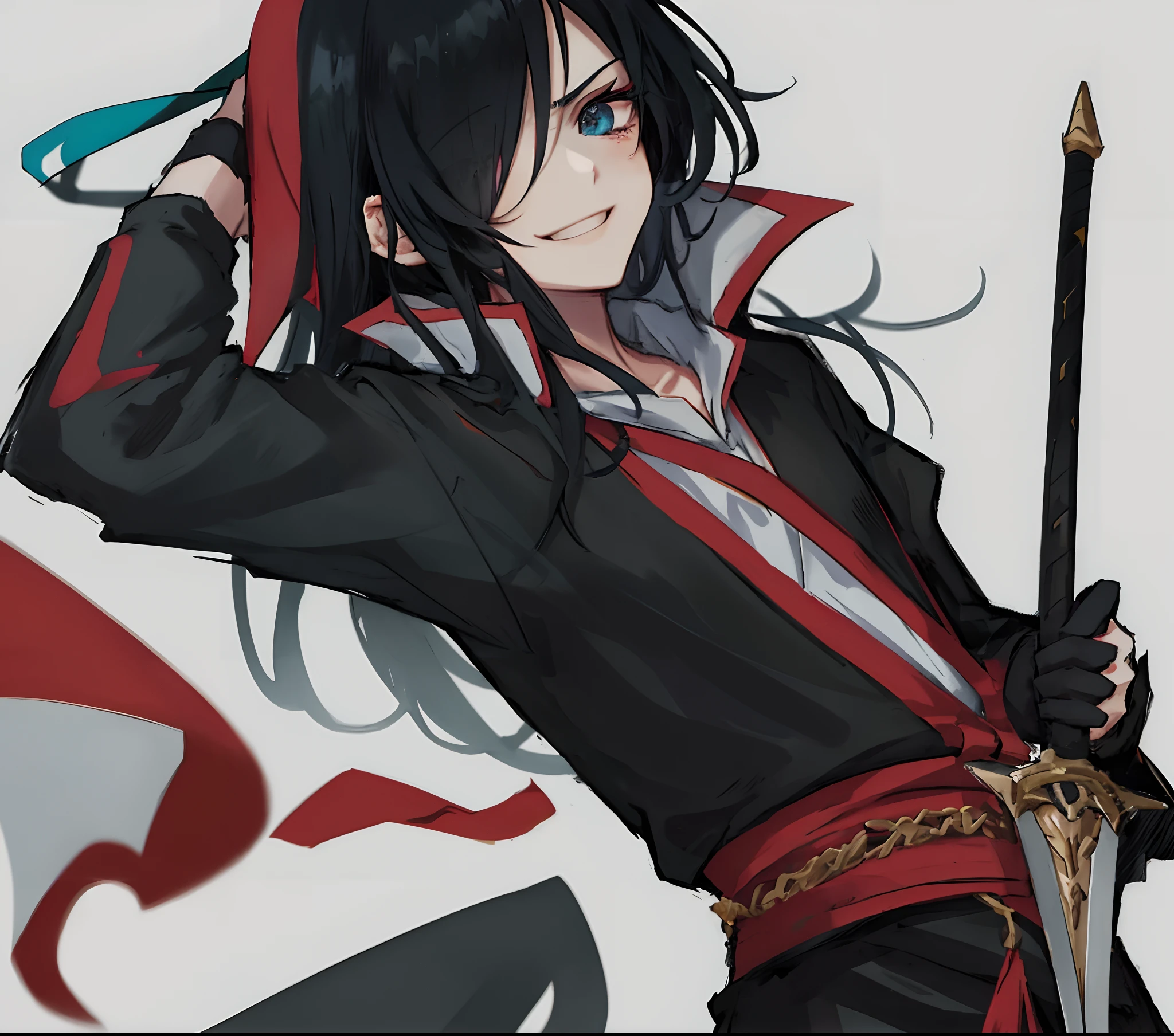 Anime , 14,ong black hair covering one eye, with sword with a smug smile