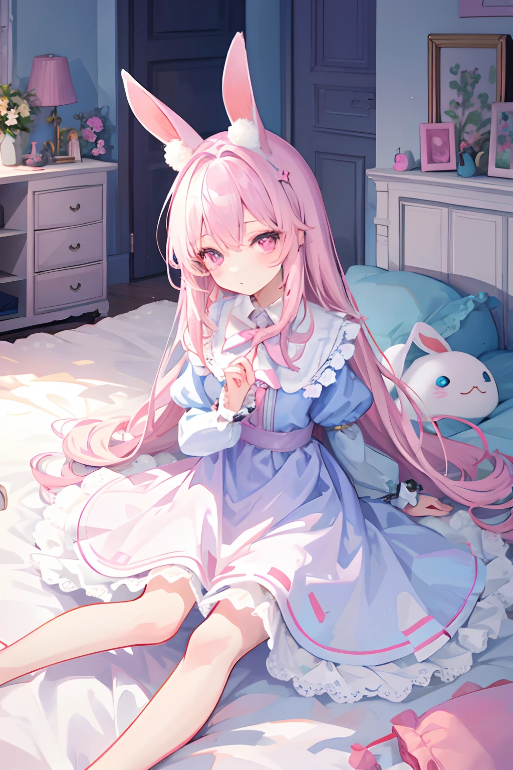 Beautiful illustration,Best quality at best,cute female child,Bedrooms,pastel colour,Fluffy rabbit ears,petite,sliver long hair,Rabbit stuffed toy,Bright lights,Light pink eyes,alice in the wonderland