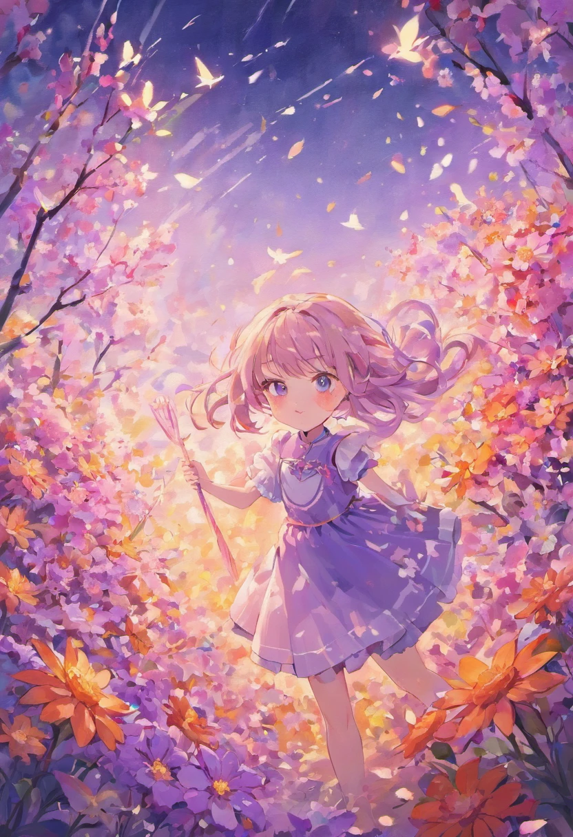 Blooming flowers flutter in the wind，Girl in flowers，Light purple and silver design，Pay attention to the texture of the skin and flowers，Sony FE 12-24mm F/2.8 gm，Impressionist garden，Proficient in calligraphy，eco-friendly craftsmanship，Brush stroke exploration