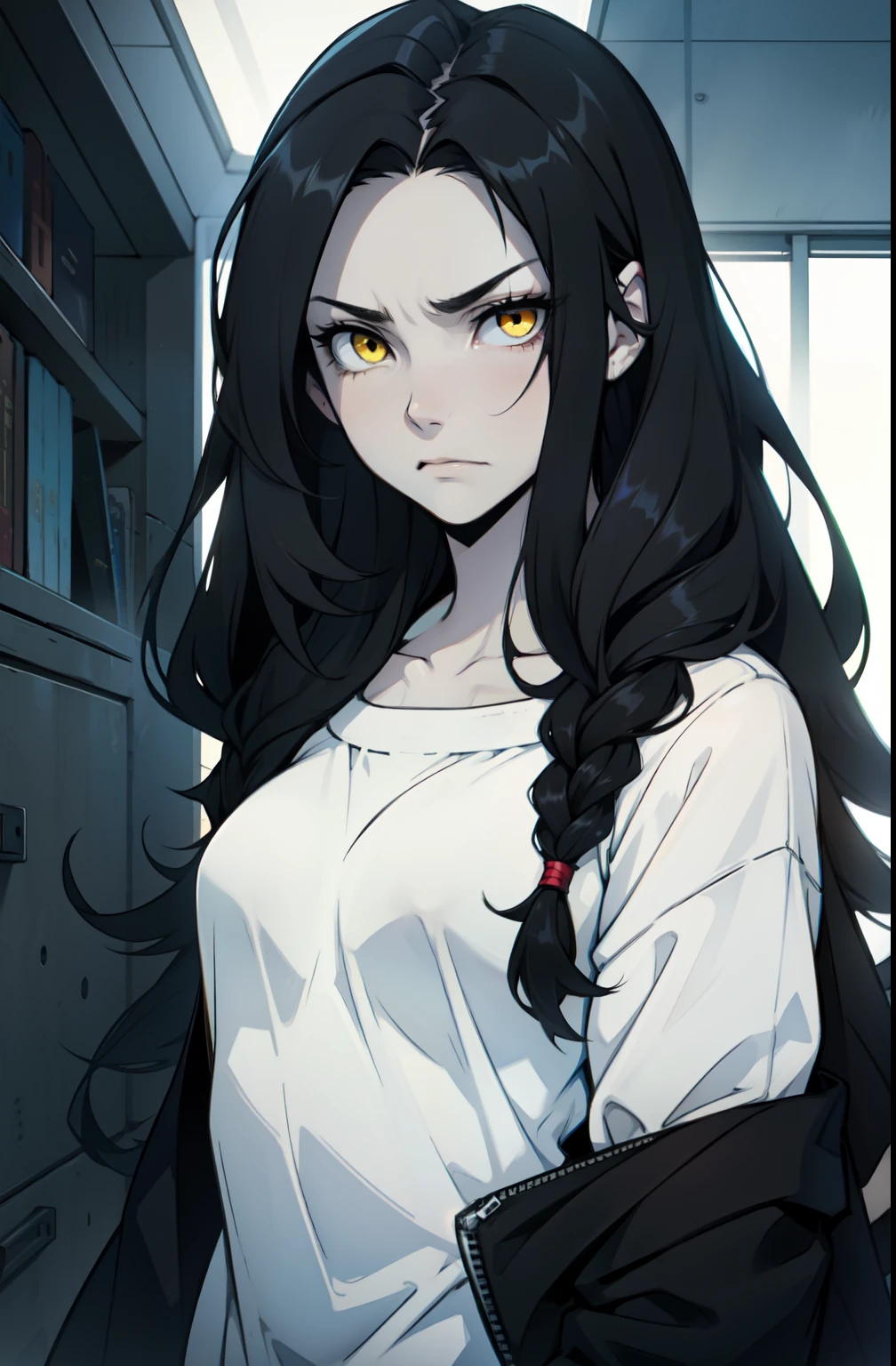 sad angry 1 girl pale skin very long hair black hair yellow eyes