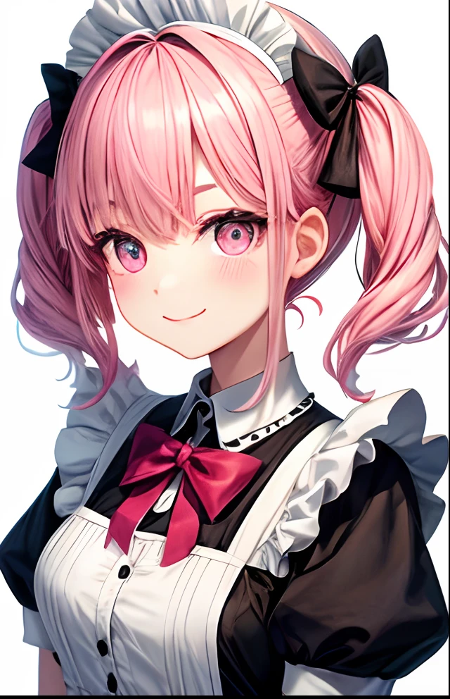 girl with、No background、without background、Background through、Pink hair、Pink hair、Two knots、Twin-tailed、Sareme、drooping eyebrows、Bink-colored eyes、Pink eyes、Maids、black and white maid uniform、frilld、bow ribbon、A smile、kawaii、Two knots、without background