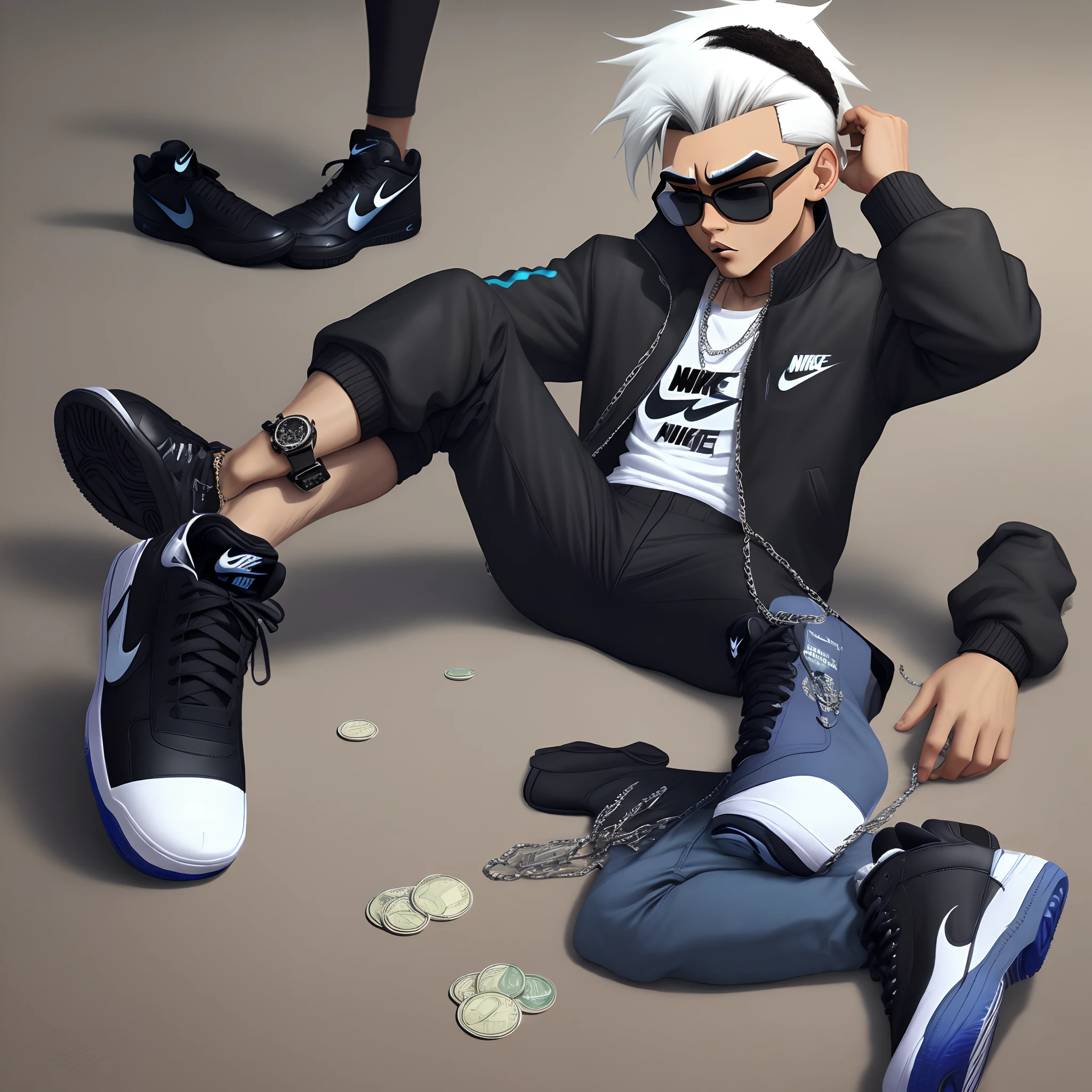danny phantom wearing shades with a black nike tech jacket bkack nike tech pants white air force ones a cuban link chain a rolex watch and there is money spread out across the floor