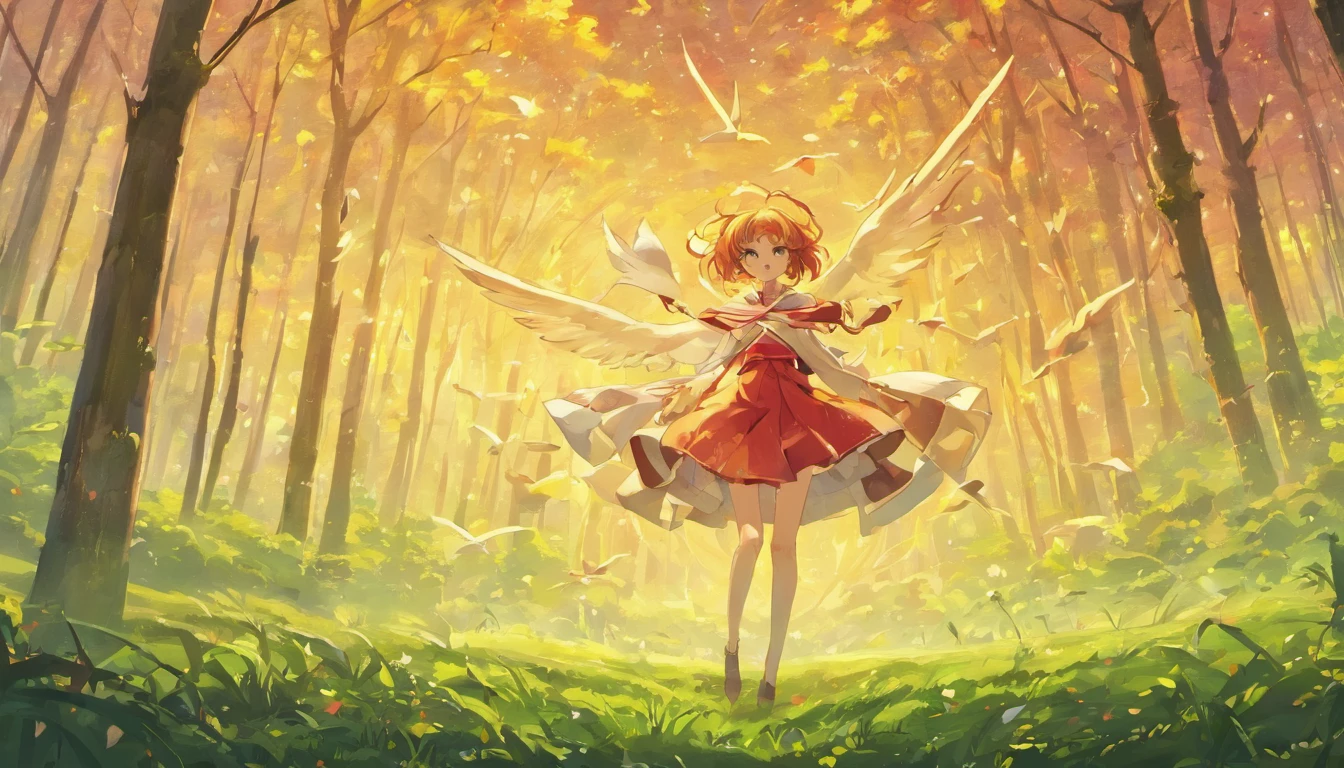 ninguem, floresta, ruinas, ceu roxo, nuvens, estilo anime, birds flying in the sky, Red round energy in the sky, grass on the ground