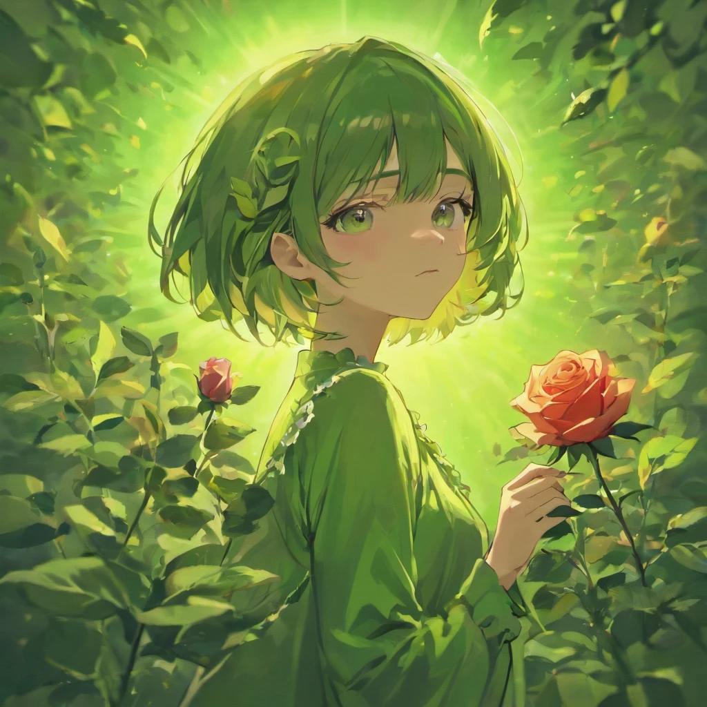 (Girl with Rose Shorthair)Detailed, High-quality images,Dynamic Pose,Focus on facial features,Green roses on background,glowing sun,black colored hair,stares at the camera