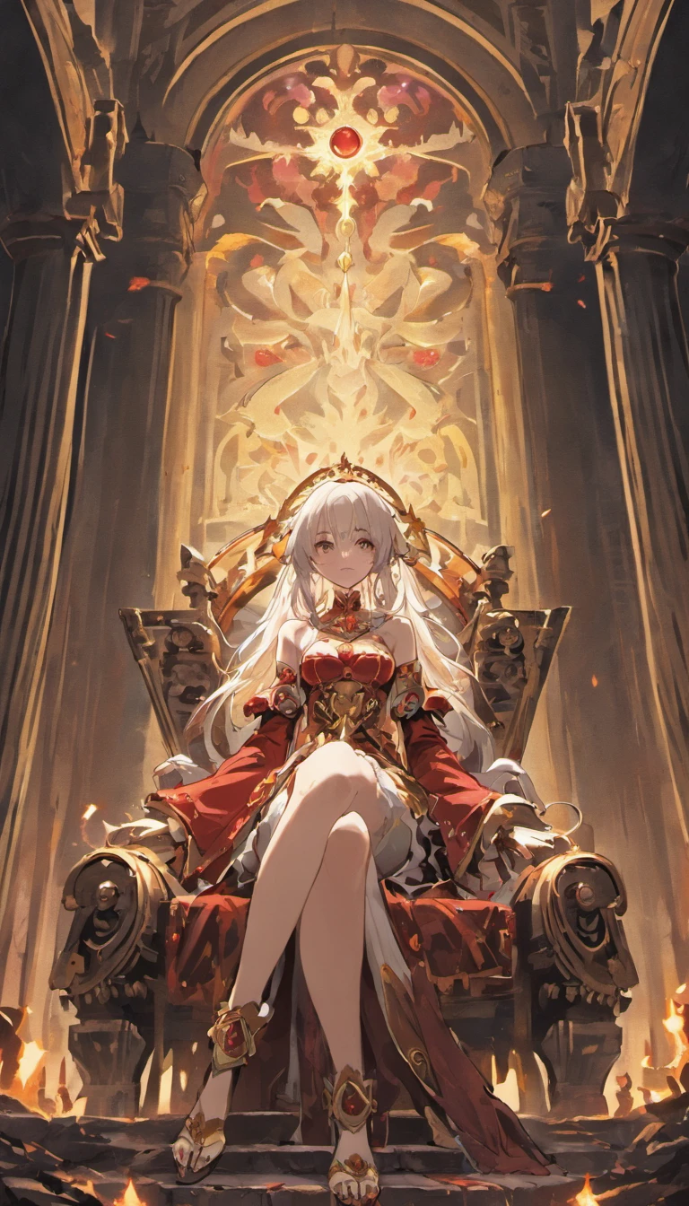 A white-haired, red-eyed princess sits on a majestic throne inside an abandoned palace. The environment around him is dark and gloomy, with cracks in the walls and cobwebs hanging there. The throne is ornate, with details in gold and precious stones, and is covered by a dusty cloth. The protagonist is wearing royal clothing, with a determined expression on his face, as he stares at the horizon with glowing red eyes
