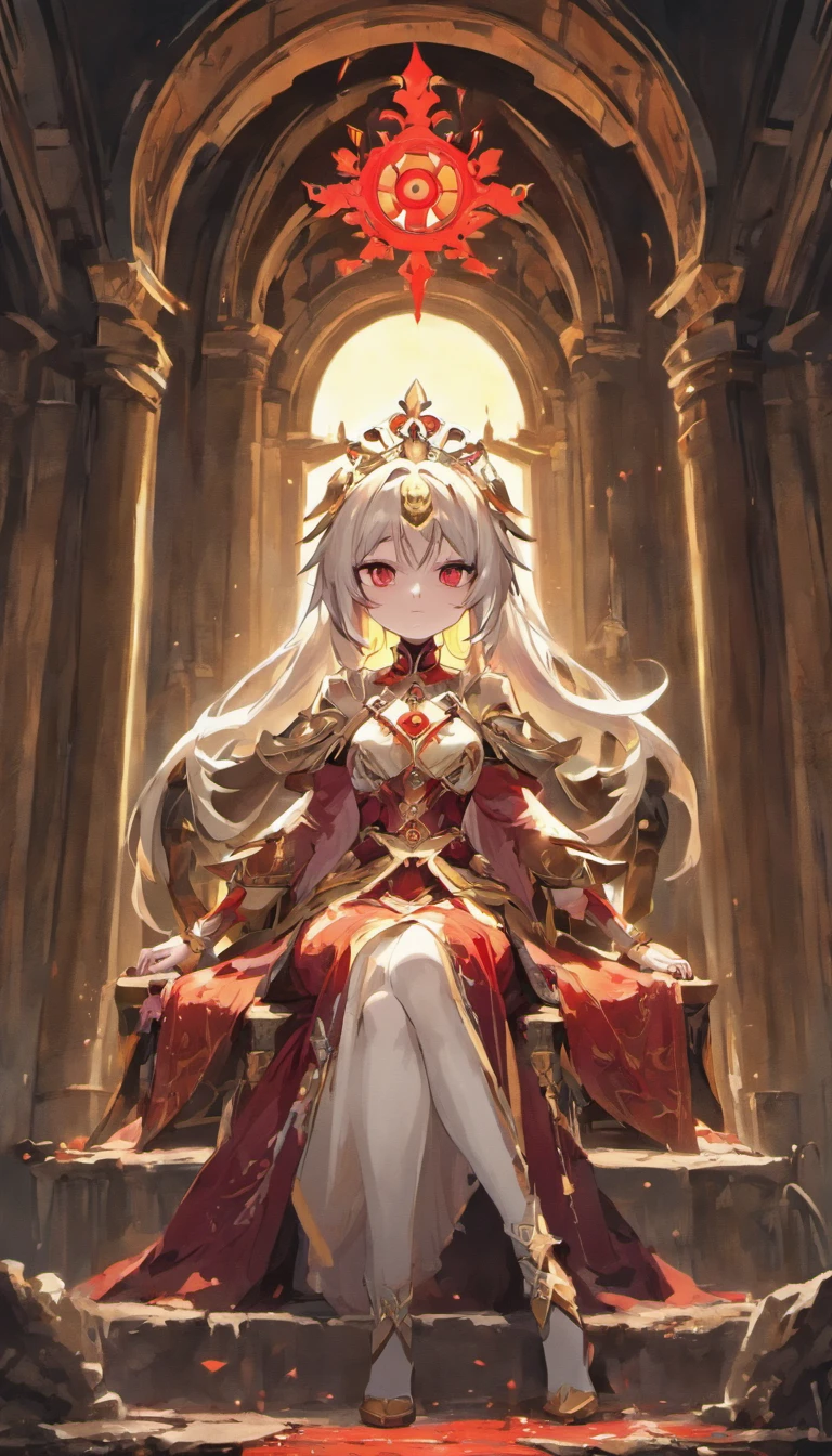A white-haired, red-eyed princess sits on a majestic throne inside an abandoned palace. The environment around him is dark and gloomy, with cracks in the walls and cobwebs hanging there. The throne is ornate, with details in gold and precious stones, and is covered by a dusty cloth. The protagonist is wearing royal clothing, with a determined expression on his face, as he stares at the horizon with glowing red eyes
