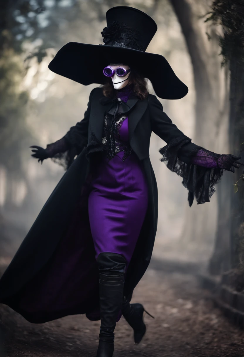 plague doctor with purple goggles, the long coat like dress has leg cuts, revealed legs with lace straps and fishnets, wearing black stilettos, ((male)) high quality image 20 year old