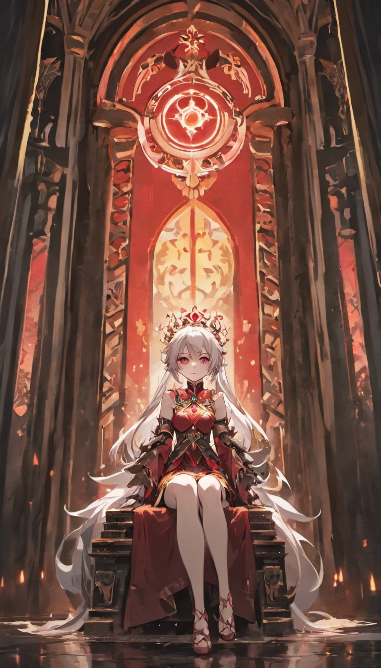 A white-haired, red-eyed princess sits on a majestic throne inside an abandoned palace. The environment around him is dark and gloomy, with cracks in the walls and cobwebs hanging there. The throne is ornate, with details in gold and precious stones, and is covered by a dusty cloth. The protagonist is wearing royal clothing, with a determined expression on his face, as he stares at the horizon with glowing red eyes