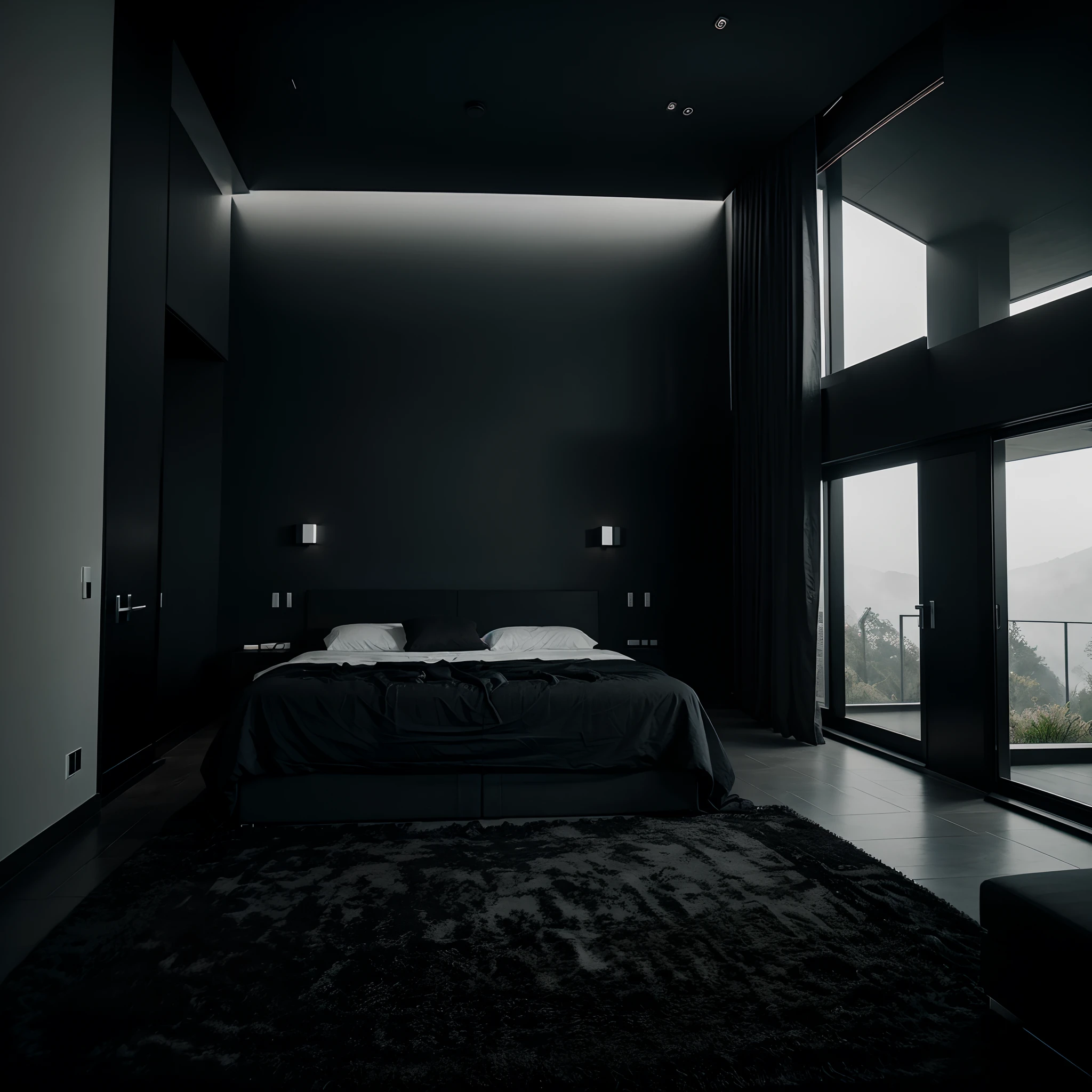 blacked out modern bedroom inside a black modern mansion in the mountain in a foggy day