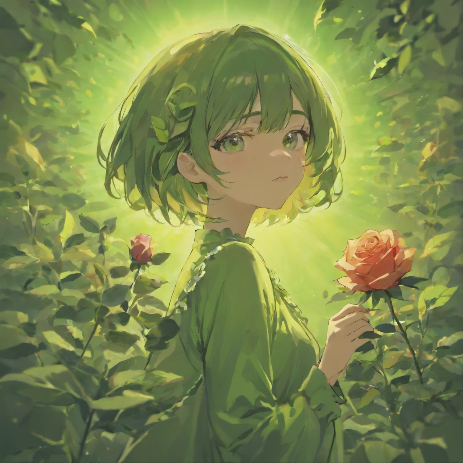 (Girl with Rose Shorthair)Detailed, High-quality images,Dynamic Pose,Focus on facial features,Green roses on background,glowing sun,black colored hair,stares at the camera