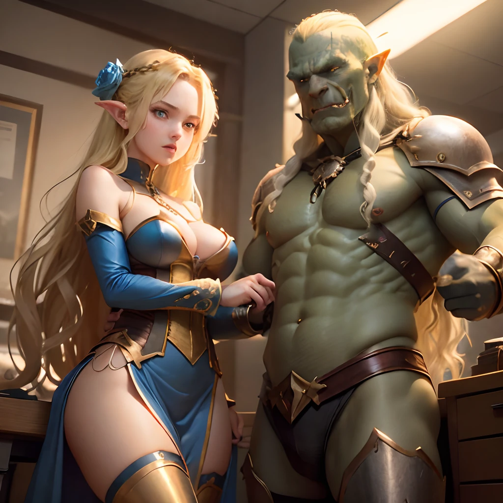 Outraged 20-year-old blonde elf girl with long wavy hair and blue eyes, in a blue dress with gold embroidery. 1 orc, green skin, in leather clothes. An argument with an orc in the office. The orc grabs her hands.  delicate detail. ultra details. highly detailed characters.