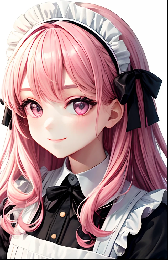 girl with、No background、without background、Background through、Pink hair、Pink hair、The long-haired、Long、Sareme、drooping eyebrows、Bink-colored eyes、Pink eyes、Maids、black and white maid uniform、frilld、bow ribbon、A smile、Kind face、kawaii、without background