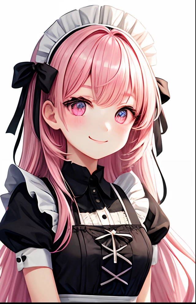 girl with、No background、without background、Background through、Pink hair、Pink hair、The long-haired、Long、Sareme、drooping eyebrows、Bink-colored eyes、Pink eyes、Maids、black and white maid uniform、frilld、bow ribbon、A smile、Kind face、kawaii、without background