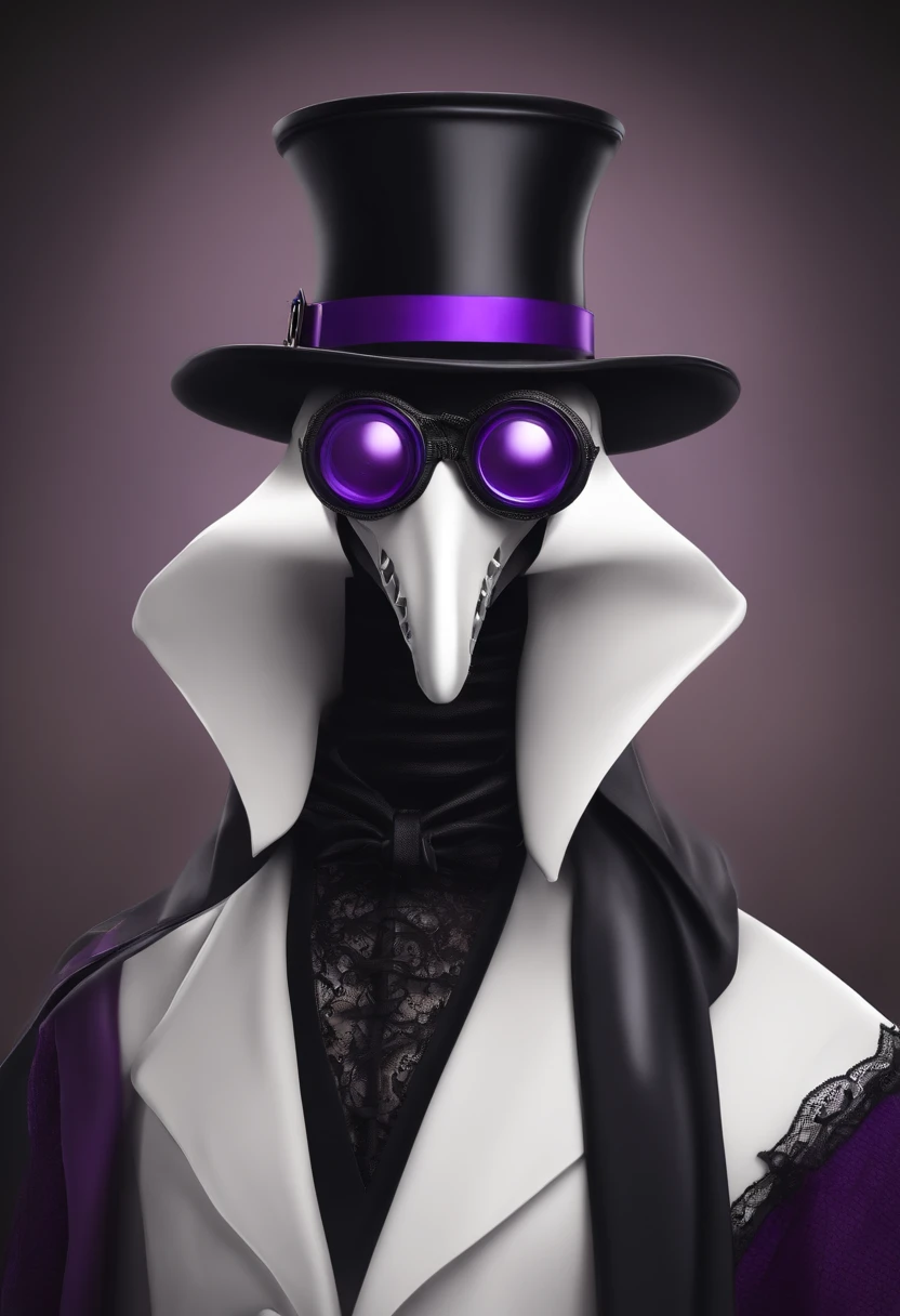 male plague doctor with purple goggles, cartoon, the long coat like dress has leg cuts, revealed legs with lace straps and fishnets, wearing black stilettos, high quality image 20 year old
