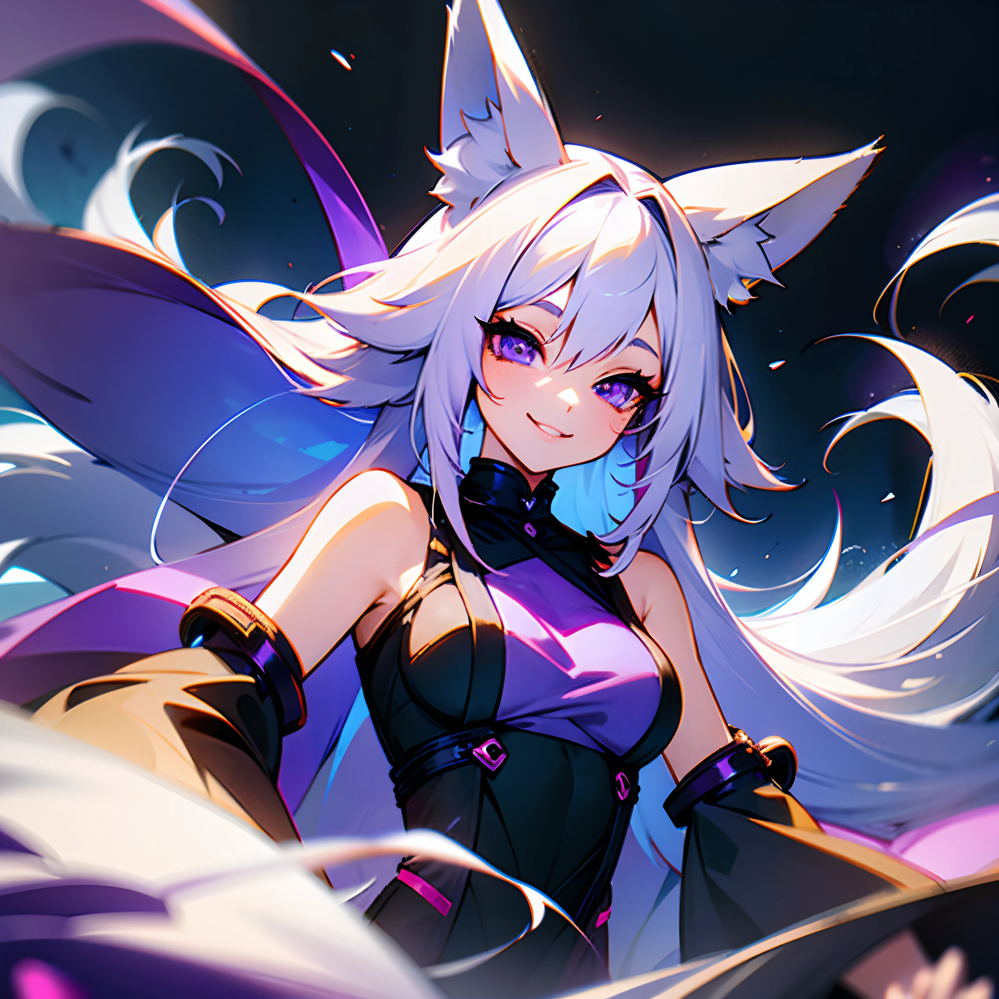 Beautiful female human and animal hybrid, girl with white hair and purple highlights, fox ears and fox tail, smiling.