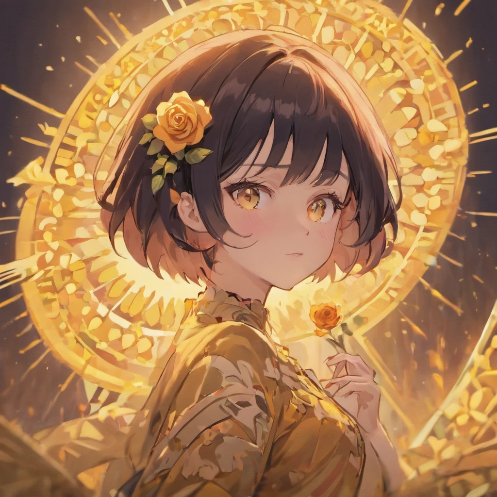 (Girl with Rose Shorthair)Detailed, High-quality images,Dynamic Pose,Focus on facial features,Yellow roses on background,glowing sun,black colored hair,stares at the camera