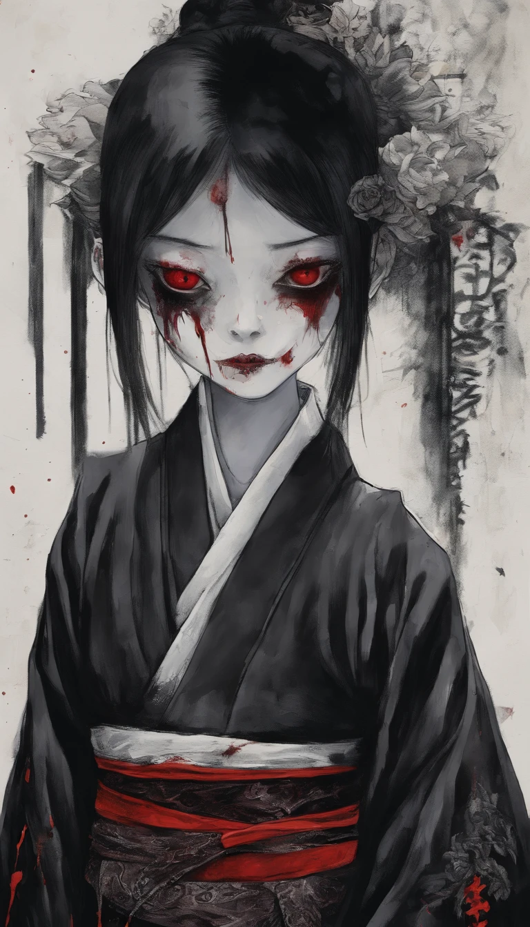 15-year-old daughter of Japan with black black hair and black black eyes in kimono、blood everywhere, cute face girl, smile, bleeding eyes, bleeding nose and mouth, evil smile