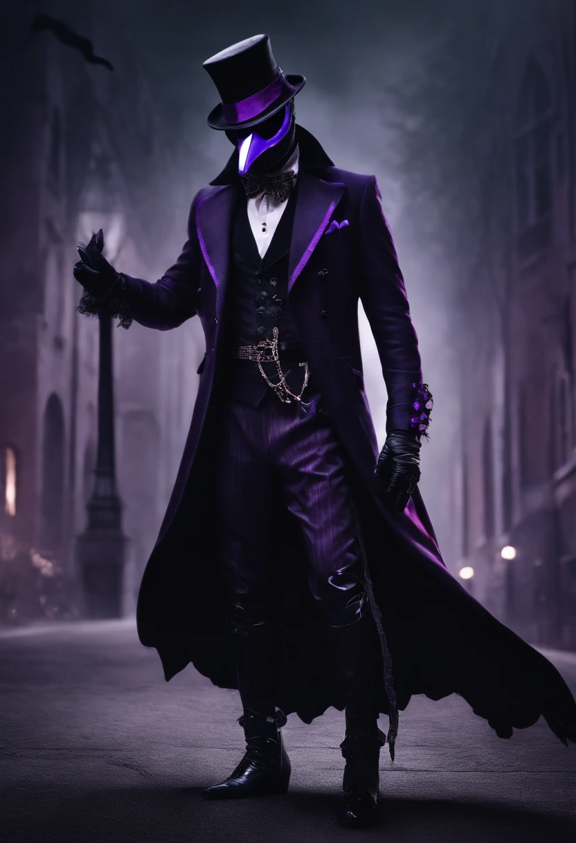 male plague doctor with purple goggles, cartoon, the long coat like dress has leg cuts, revealed legs with lace straps and fishnets, wearing black stilettos, high quality image 20 year old