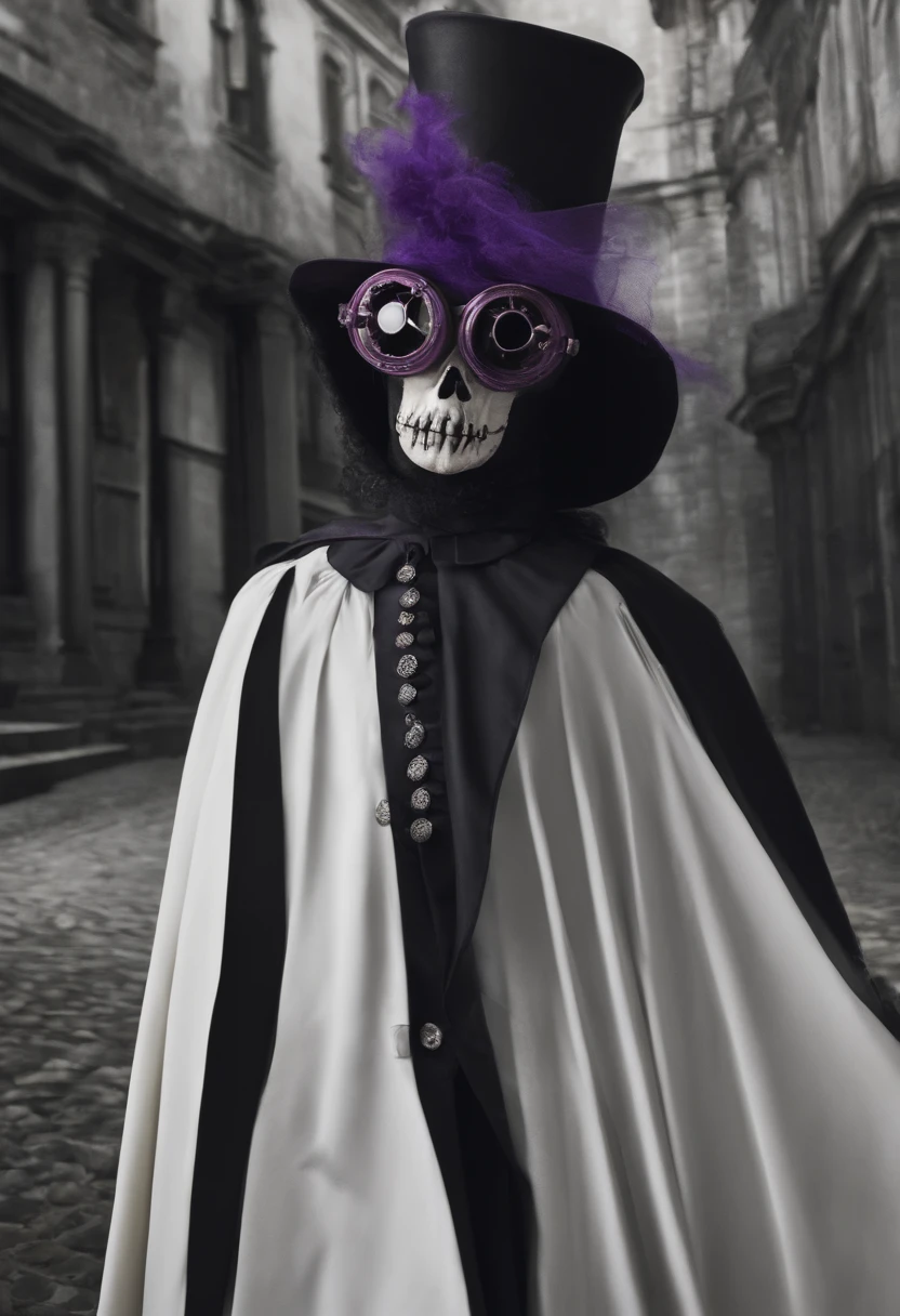 male plague doctor with purple goggles, cartoon, the long coat like dress has leg cuts, revealed legs with lace straps and fishnets, wearing black stilettos, high quality image 20 year old