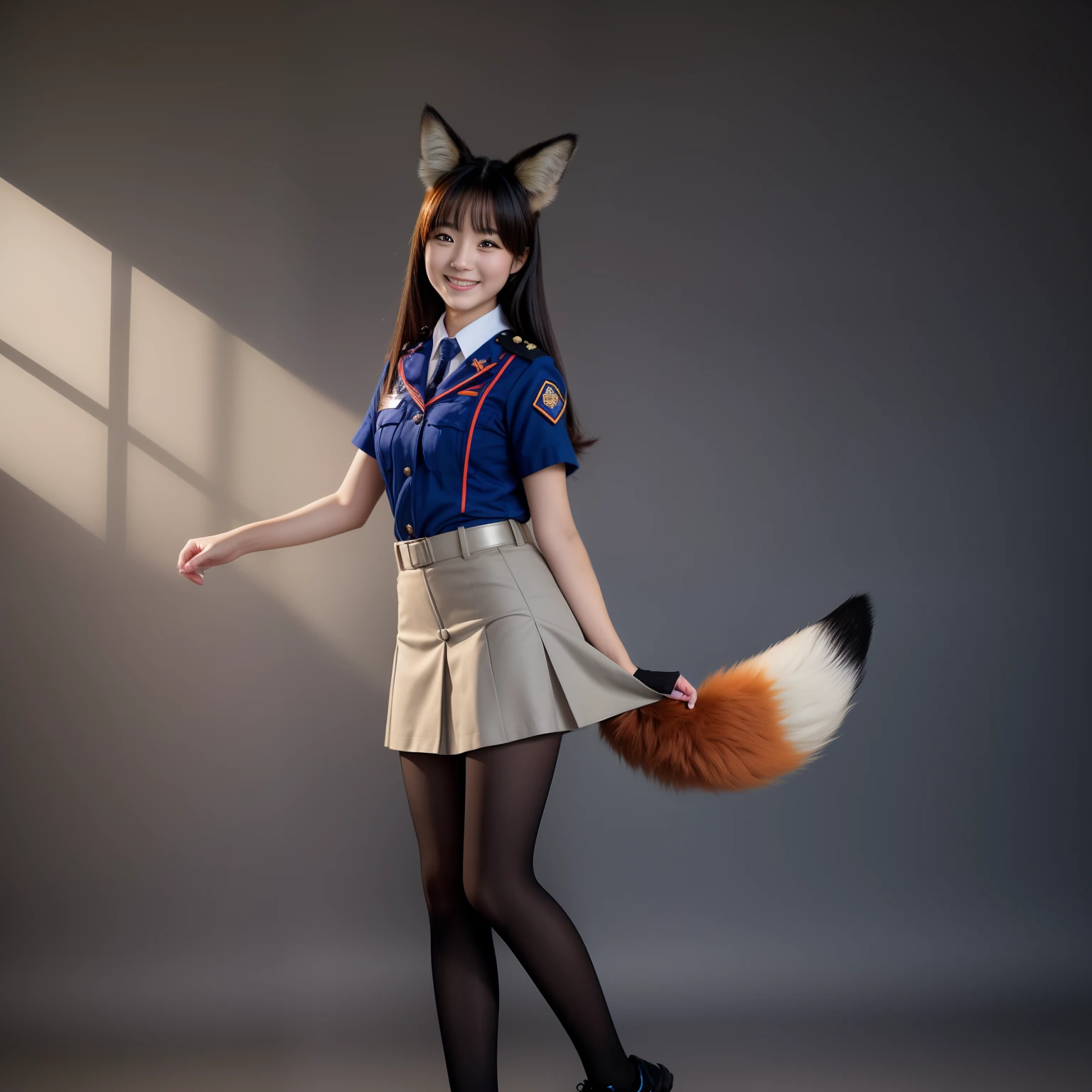 There is a woman in uniform with a fox tail, top-quality,　a picture, A smile, cute little, slender, No fox ears, The tail is inside the skirt,oval-face,18yo woman