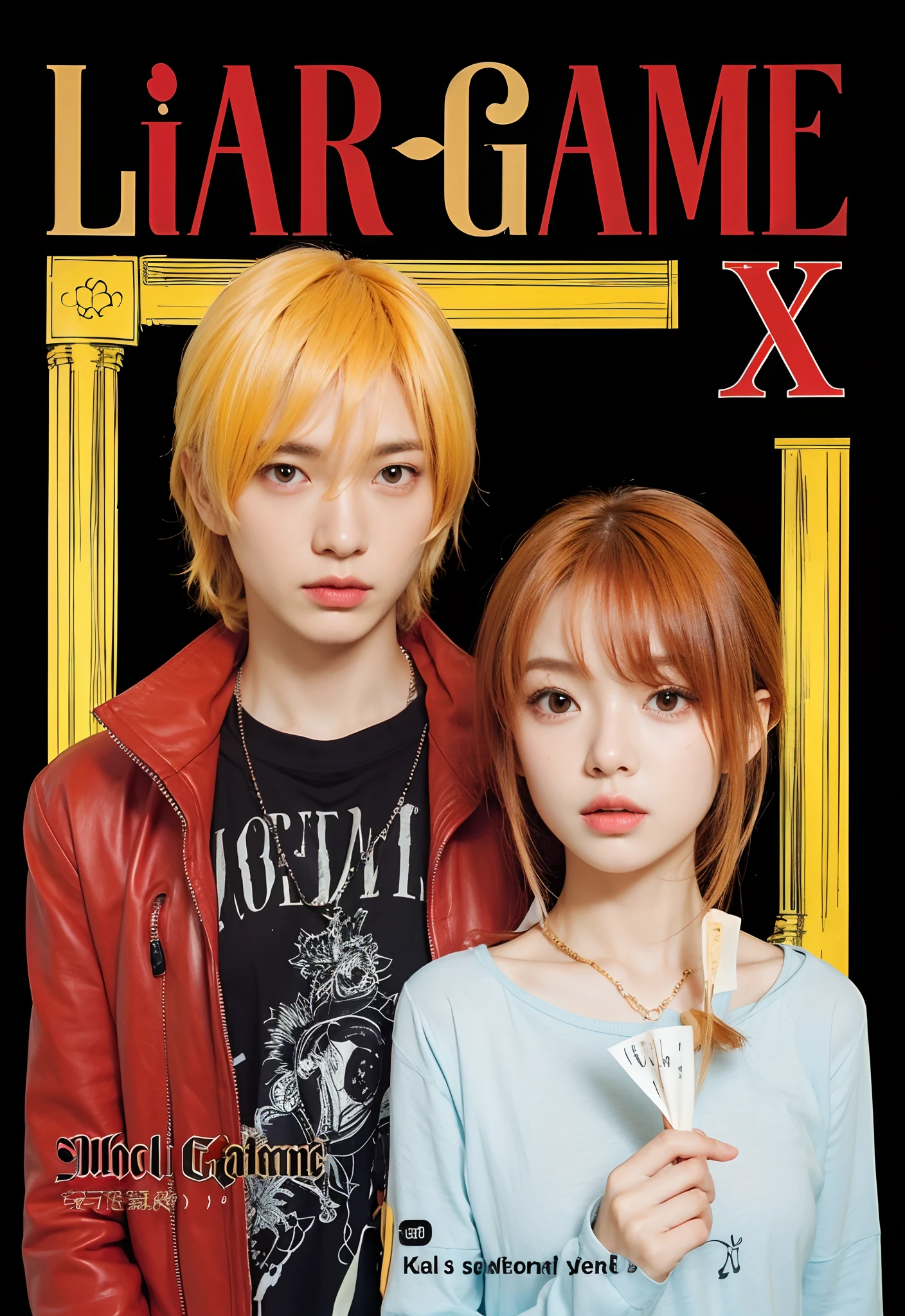 Liar game manga, realistic, 8k, 1boy, 1 girl, orange hair, beautiful asian