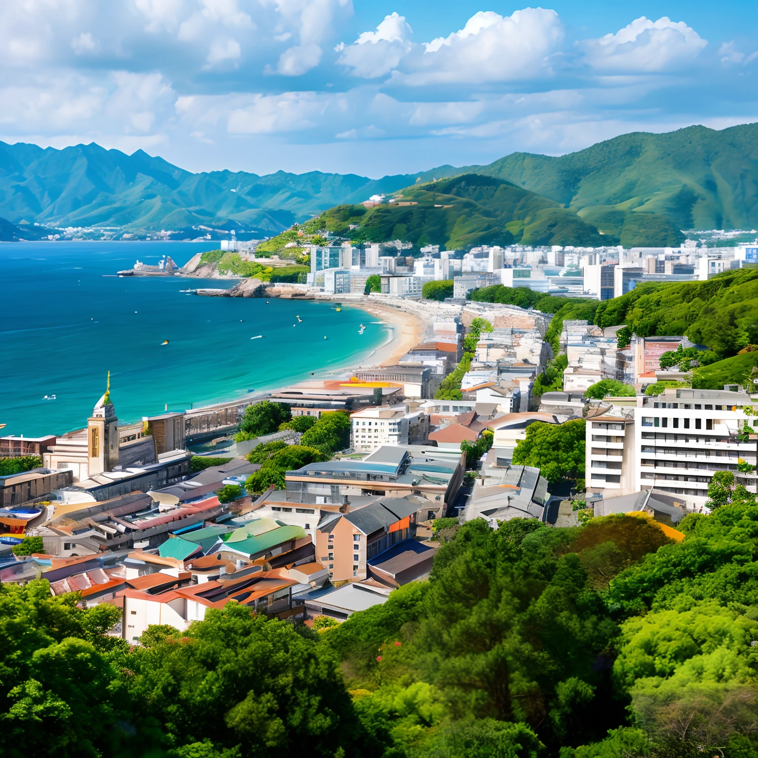Wider center、A town with few buildings, Japanese houses, hospitals, wide々Locations, On the right is the sea with the coastline, Looking down from the top of the mountain, Some trees, Sunny skies with few clouds(Best Quality,hight resolution,masutepiece:1.2),Ultra-detailed,(Realistic), nffsw,Ultra-fine painting,Sharp Focus,Physically-based rendering,extreme detail description,Professional,Vivid colors,Bokeh, landscape
