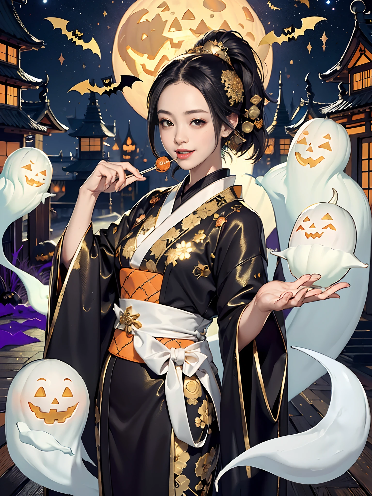Background of details(Exploding Cities,halloween night),BREAK ,elaborate costume(Luxury kimono(Black kimono(detailed embroidery(blanche,golds)))),BREAK,(1 Beautiful and classy adult woman(Shy smile:1.2)(Japanese actressl:1.2)(A dark-haired(short-hair:1.2))),(eye glass:1.2),((magia((Pumpkin in the right hand),(The Ghost of the Left Hand))summoner):1.5),BREAK,Wallpapers 16K,Blur the background,)(masutepiece,Best Quality,Portrait photos):1.5),full body Esbian