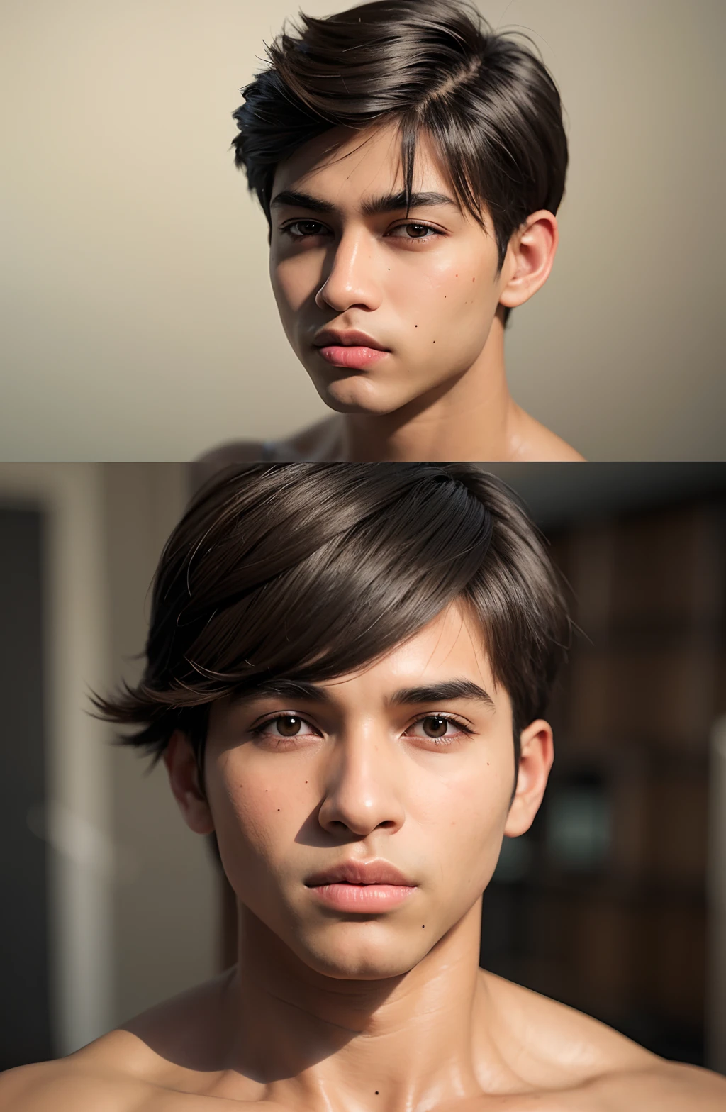 A 16 year old boy with a small mouth and nose and slightly slanted eyes, he has to be dark brown and has short straight hair IN ANIME