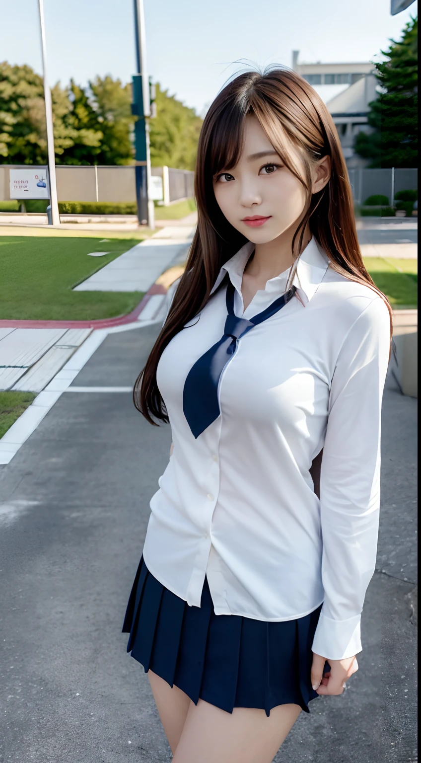mix4, (16 K, Raw photography, Top image quality, masterpiece: 1.45), (realisitic, Photorealsitic: 1.37), one girls, cute little, A city scape,, profetional lighting, photon maping, School Grounds, physically-based renderingt, dark brown hair,pony tail hairstyle, a handsome, Well-groomed and beautiful eyes、二重まぶた、girl with, (((School Uniform Blazer、Long sleeve shirt worn by Japan high school girl、Cardigan、neck tie、Dark blue mini skirt,、Dark blue socks、Black loafers))), Top Quality Photos, hight resolution, 1080p, (clearface), (Detailed face description), (Detailed hand description), (masterpiece), (Exquisite CG)、extreme light and shadows、dishevled hair、master work、abundant detail、(Fine facial features)、(top quality photo)、(masuter piece)、(A detailed eye)、Look in front of you、Fine clavicle、((Slender big))、(((Japan schoolgirl wears a long-sleeved shirt)))、((Neat and clean idol))、((school ground、Entrance to the school building、In front of the school gate))、(Shooting from random perspectives)、(((Anyway cute)))、耳Nipple Ring、A big smile、Drawing the whole body from the knees、Do not draw nasolabial folds、(((Sports bags used by Japan schoolgirls)))、(Big breasts that hang down big:1.2)、Big buttocks with tension、Two arms and two legs、(((from the front side:0.4)))、bare hand、Left and right symmetrical eyes、