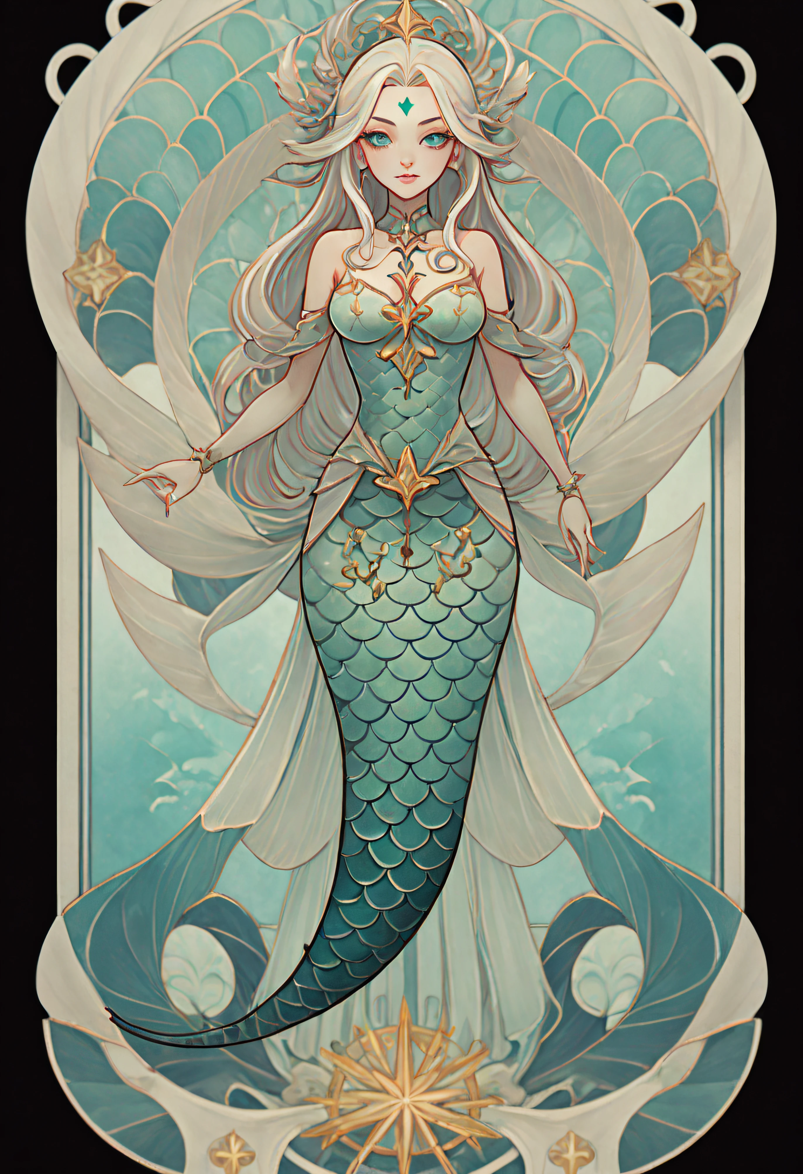 1 mermaid, Marine clothing, Full body standing painting, (((独奏))), Clear facial features, Simple line design, ((tarot card background, symmetric beauty)), perfectly symmetrical, The art of symmetry, Standing drawings of characters, ((flatcolors)), tmasterpiece，top Quority，best qualtiy，超高分辨率, ((Clear facial features，beautidful eyes，beauitful face, Exquisite facial features))