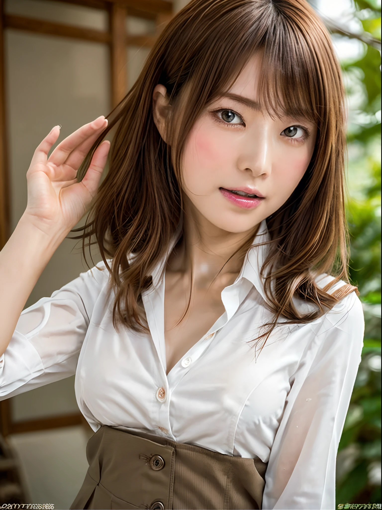 (Best quality, 8k, 32k, Masterpiece, UHD:1.2), Photo of Pretty Japanese woman,cowboy shot,
A beautiful woman with perfect body: 1.4, (Slender Abs Beauty: 1.4), Underage girls, (Lori:1.4), huge tit, (detailed black eyes,innocent eyes:1.1,big eye),
 ((Medium hair,Layered haircuts,Blond hair and brown hair、Colossal tits: 1.2,cleavage of the breast)),
break,(A long white shirt over naked:1.5、Open Shirt,no-bra:1.5),String panties, squat with your legs open,Small butt,beauty legs,slim thigh,
Lifelike face, Realistic body, real looking skin, absurderes, ​masterpiece, shinny skin、Beautiful delicate face、sexy facial expression、Coquettish smile、Happy smiling face、The sheen、Highly detailed facial and skin texture、cute  face、
Luxury hotel suites