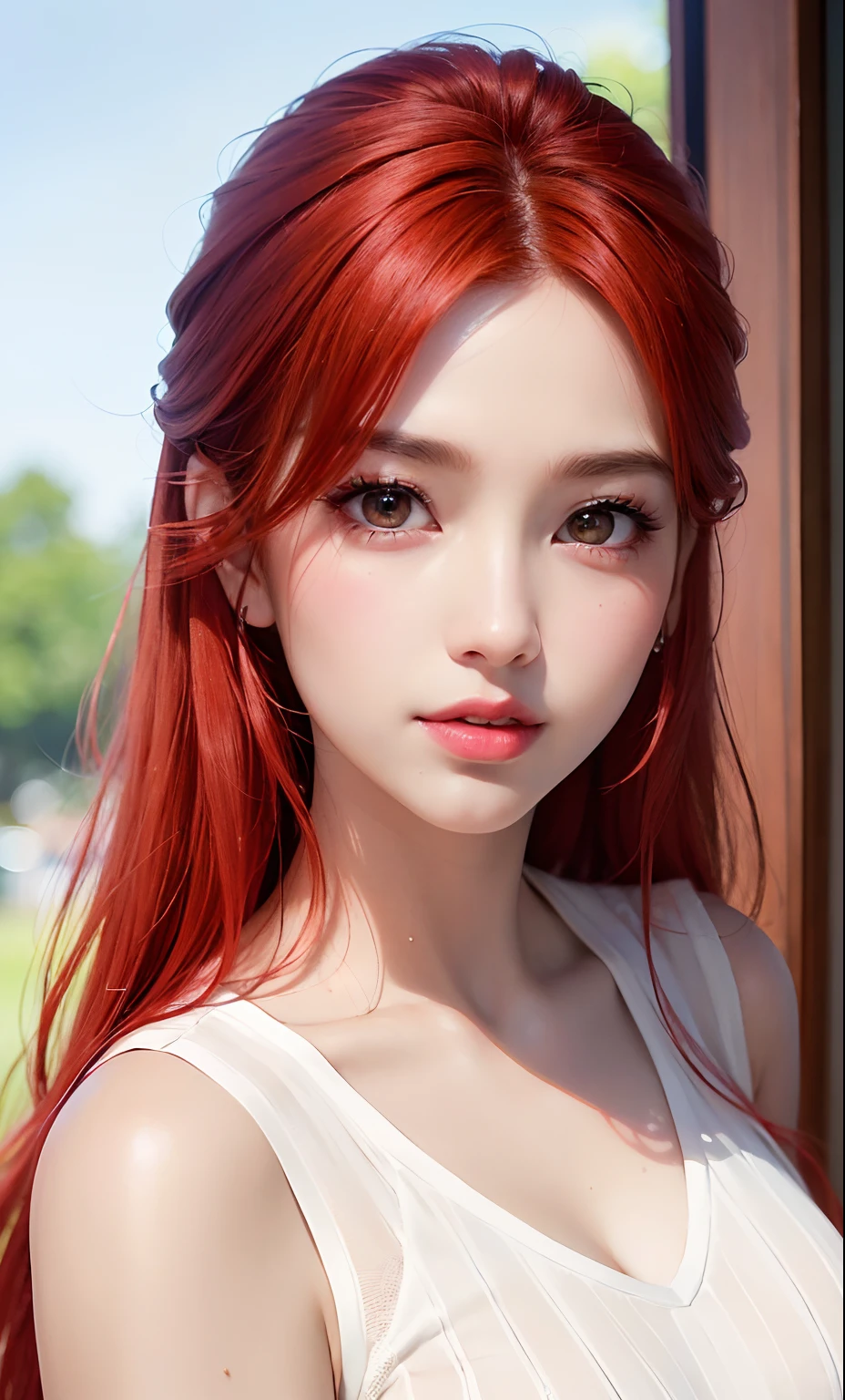 (8k, RAW photo, photorealistic:1.25) ,long red hair, ( lip gloss, eyelashes, glossy side, shiny skin, best quality, ultra-high resolution, depth of field, chromatic aberration, caustics, wide light, natural shadow, Kpop idol) Watch the audience with serenity and goddess-like happiness,