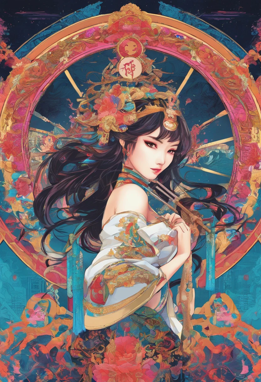 Best quality,masterpiece,ultra high res,(photorealistic:1.4),xiuxian,weapon,Detailed face,, 1girl,solo,weapon,cleavage,(magic circle:1.2),xiuxian,upper body,Beautiful girl,full body,east asian architecture,sheath,architecture,