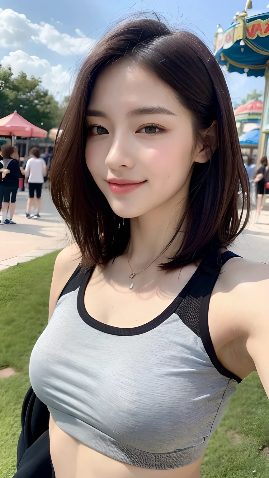 (Best quality, High resolution, Masterpiece :1.3), A tall and pretty woman, Perfect figure beauty, Abs, Breasts, (Dark brown short hair), Wearing crop top with varsity jacket and sweatpants, Smirking, At amusement park, Details exquisitely rendered in the face and skin texture, Detailed eyes, Double eyelid