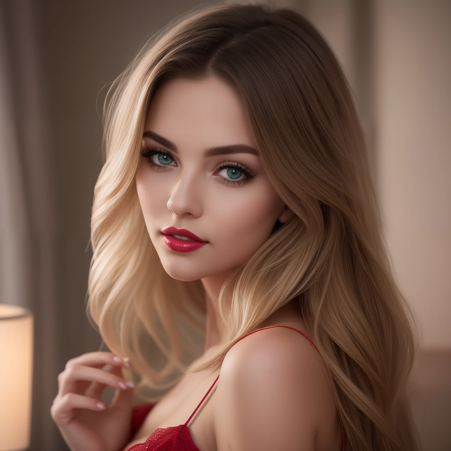 Young and beautiful woman, hair light, which fall gently in waves up to the shoulders, Average height, large tities, green colored eyes, light skin, She's in her pajamas, She's in her bed, Hair care before going to bed, The environment is illuminated by lights of warm and pleasant colors, Adding shine to hair, His face is naturally serene, Lips with red lipstick, Текстура 8K, higly detailed, realisti, soft cinematic light, HDR, Clear Focus, tmasterpiece, Photorealistic, award-winning photo, Canon EOS R5, 35 mm