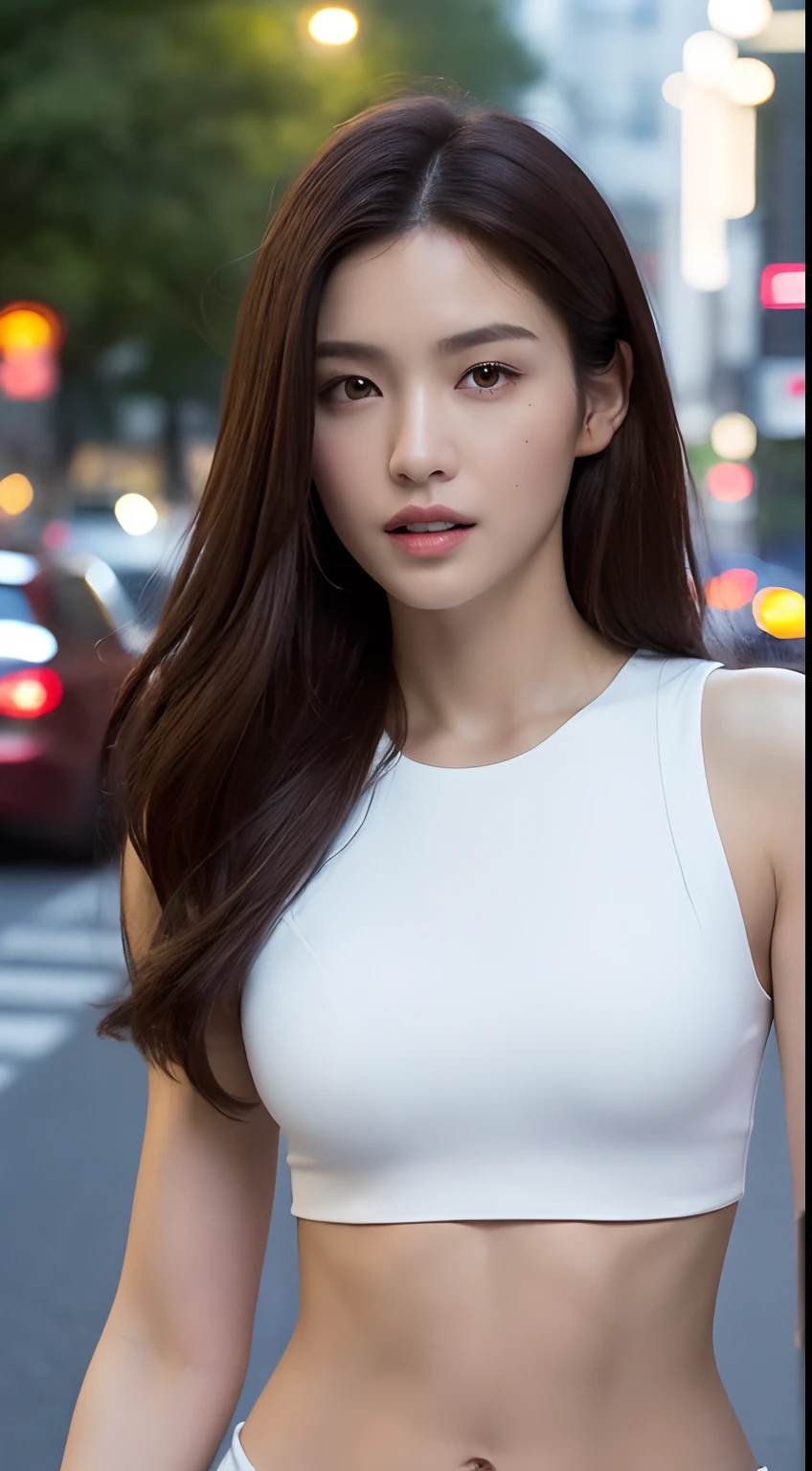 ((Realistic lighting, Best quality, 8K, Masterpiece: 1.3)), Clear focus: 1.2, 1girl, Perfect Figure: 1.4, Slim Abs: 1.1, ((Dark brown hair)), (White crop top: 1.4), (Outdoor, Night: 1.1), City streets, Super fine face, Fine eyes, Double eyelids,