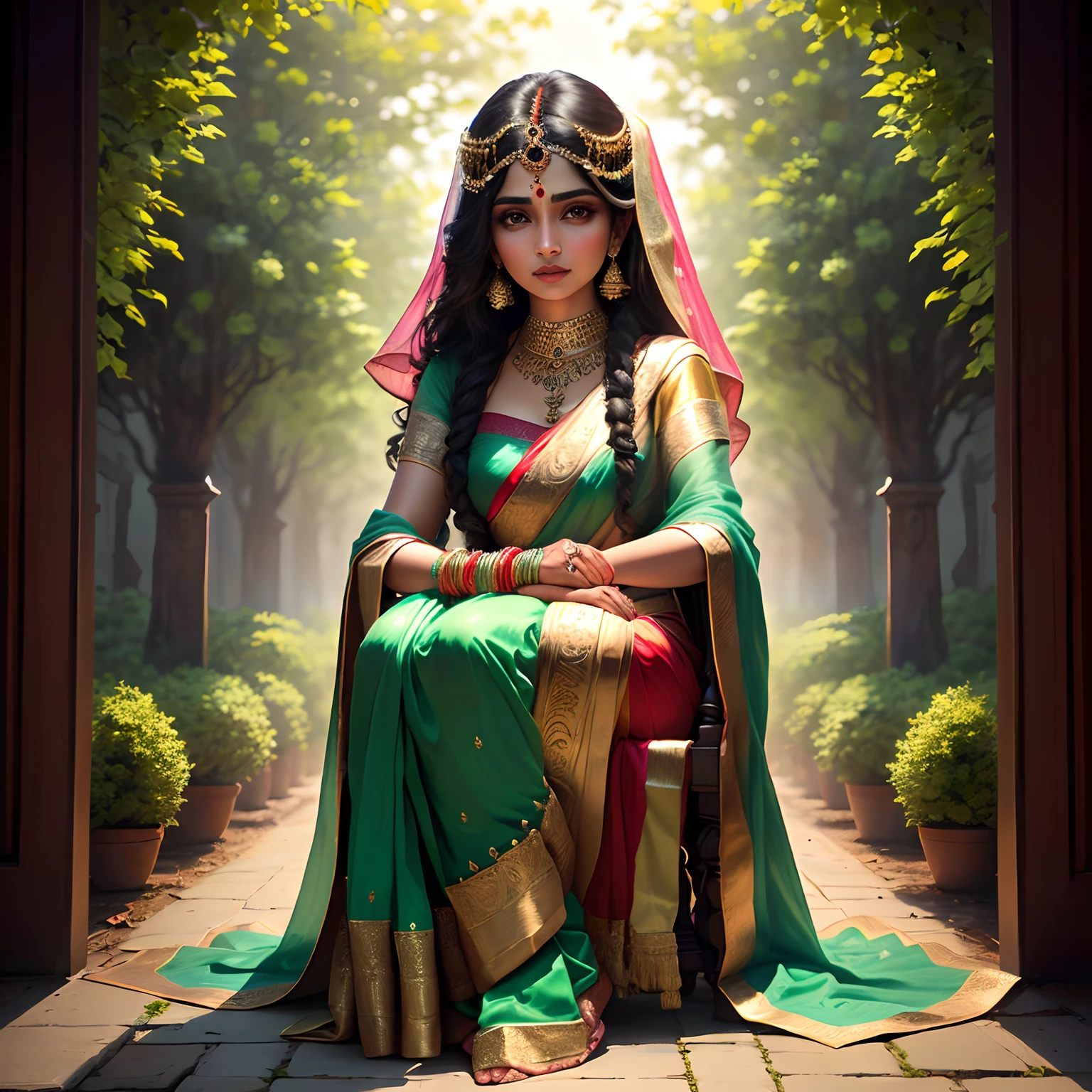 A beautiful Indian woman maa Lakshmi ultra realistic picture standing on a garden maa Lakshmi green
sari with oval shap face big eyes 8k resolution high graphic picture looking towards the camera full body image pro rays resolution extreemly beautiful Indian face sitting on her asan