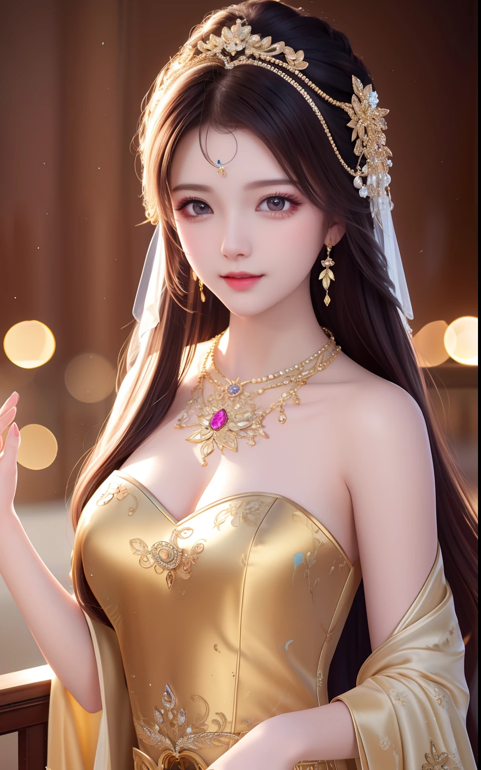 Best Quality, Masterpiece, High Resolution, 1girl, Clear Silk Porcelain Dress, Pretty Face, Hair Accessories, Look at the Audience, Smile, Close Mouth, Lips, Dress, Hair Accessories, Necklaces, Jewelry, Long Hair, Earrings, Beautiful Face, Body, Tindal Effect, Realism, Shadow Studio, Edge Lighting, Two-Color Lighting, (High Detail Skin: 1.2), 8k UHD, DSLR, Soft Light, High Quality, Volume Lighting, Photo, High Resolution 4K, 8k, Blurred Background